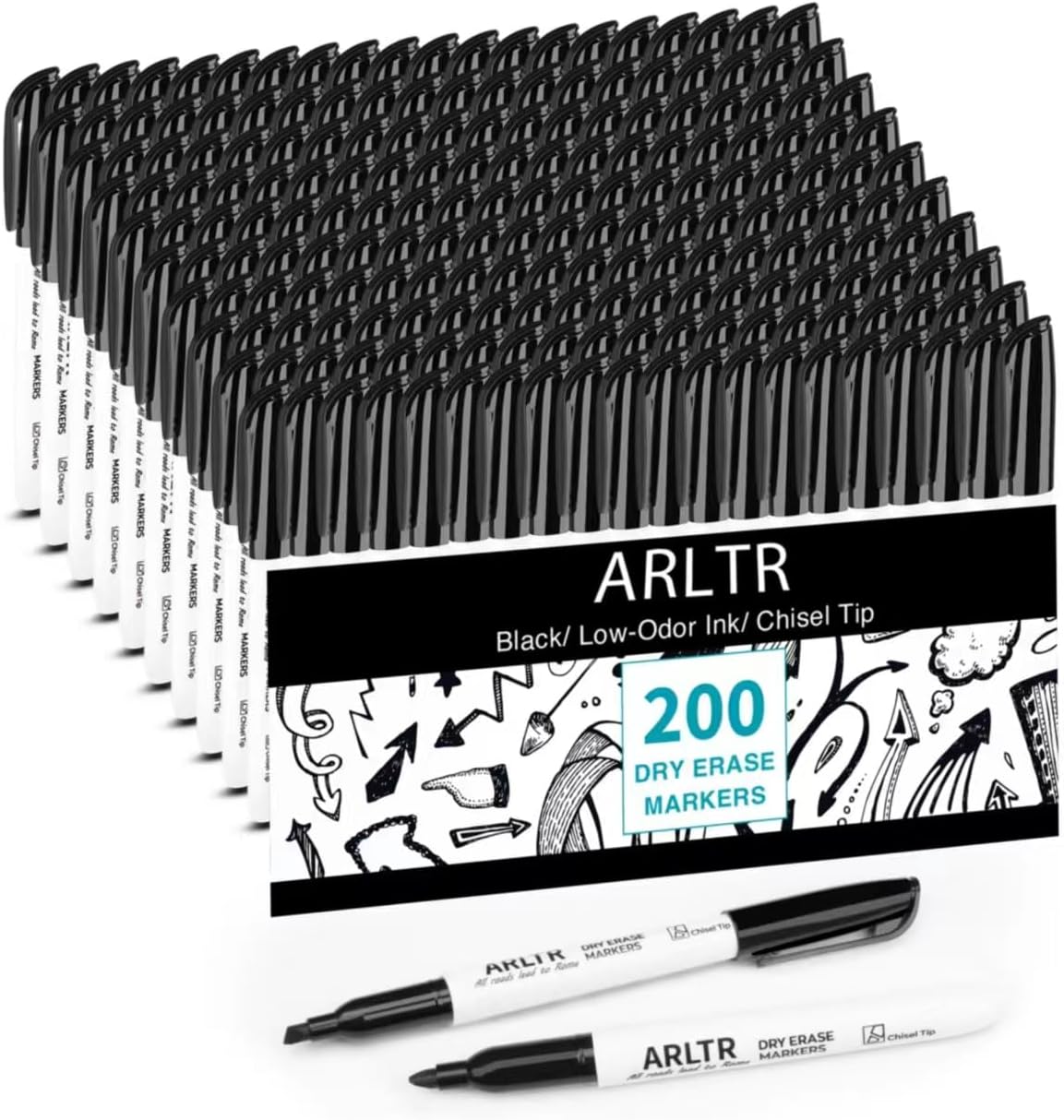 ARLTR Dry Erase Markers Bulk 200 Pack, Black with Chisel Tip