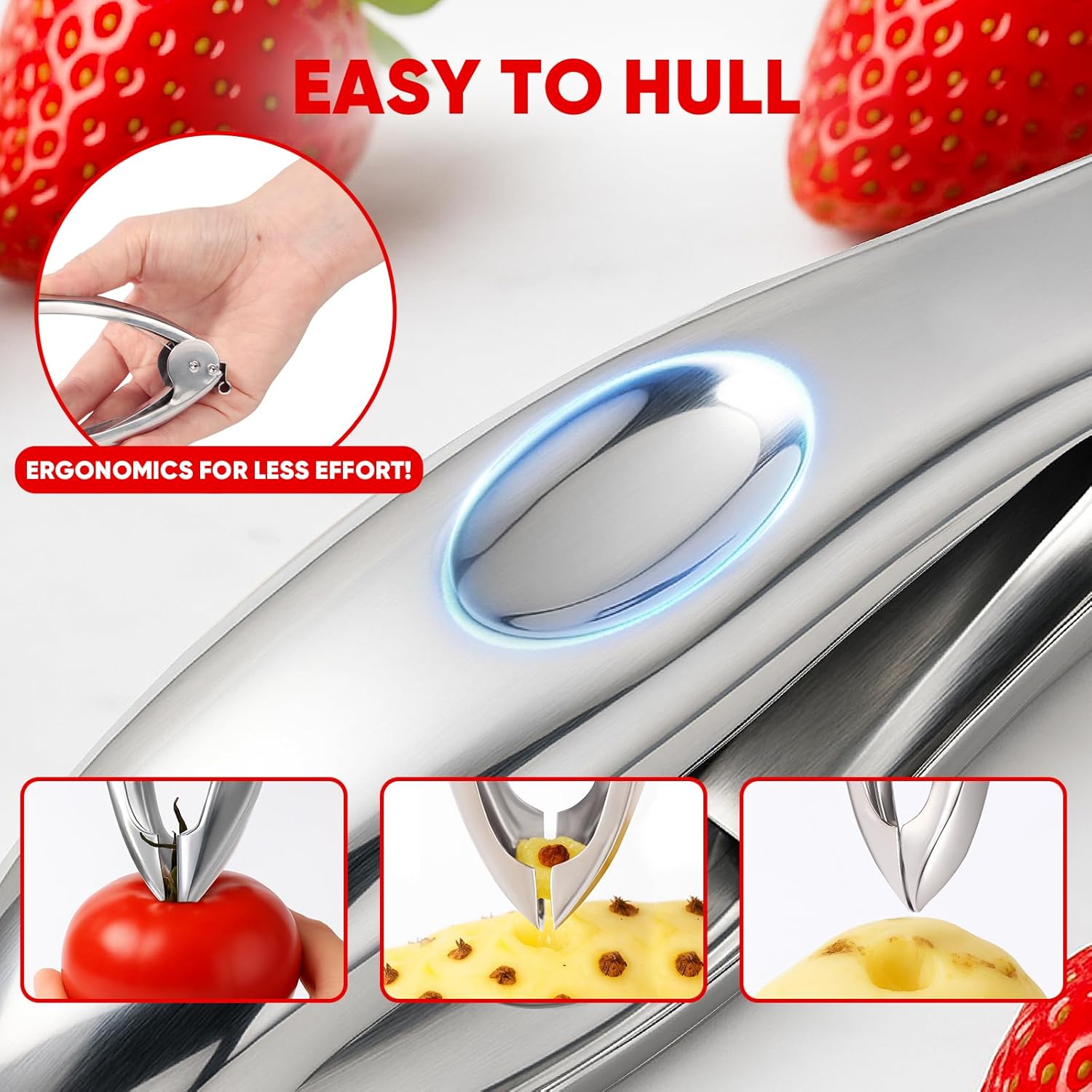 YYP Strawberry Huller, 304 Food-Grade Stainless Steel Stem Remover with Safety Lock & Corn Cutter Peeler, Corn Cob Stripper with Cup [No Splatters or Mess]