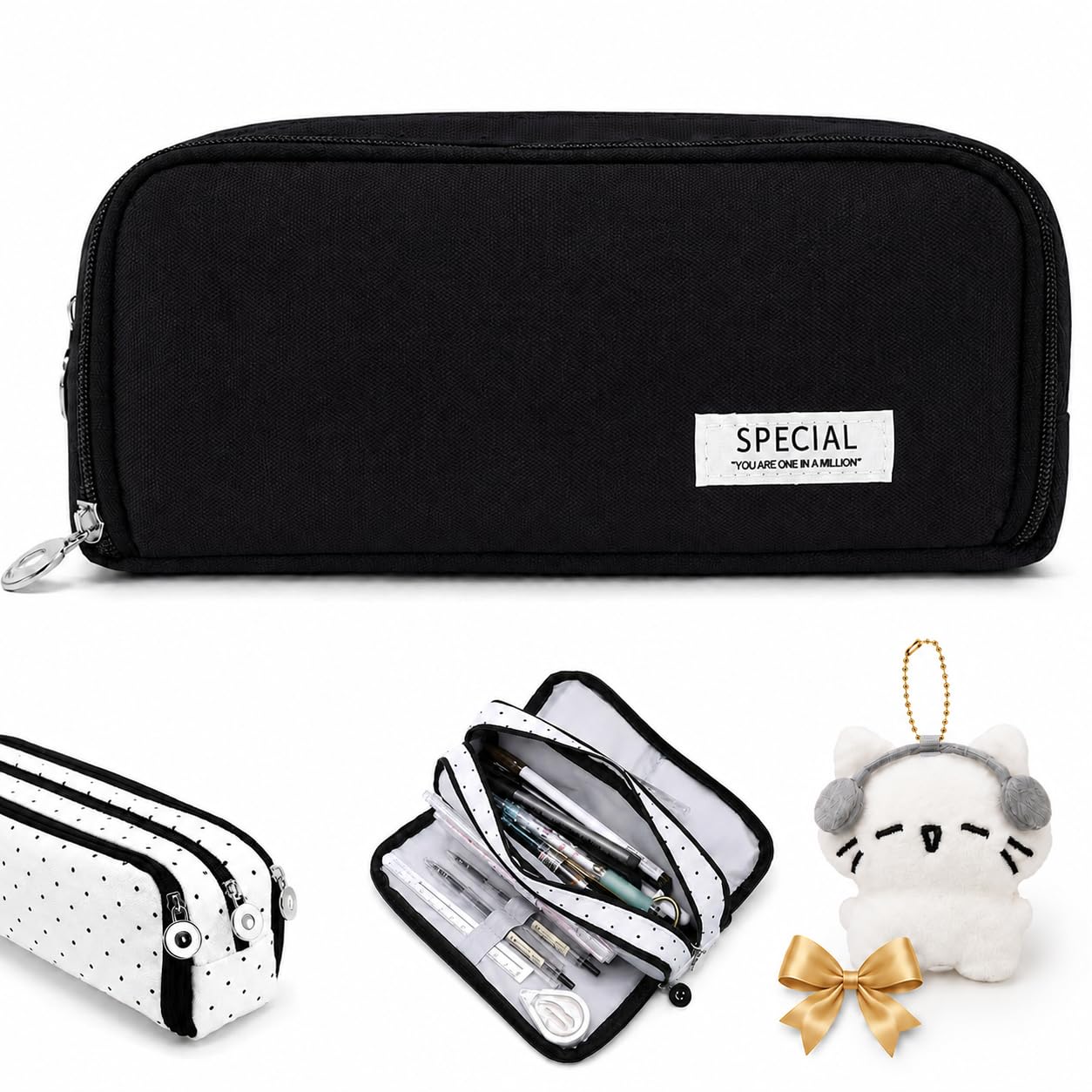 Polka Dot Pencil Case, Cute Pencil Case for Girls (Black)