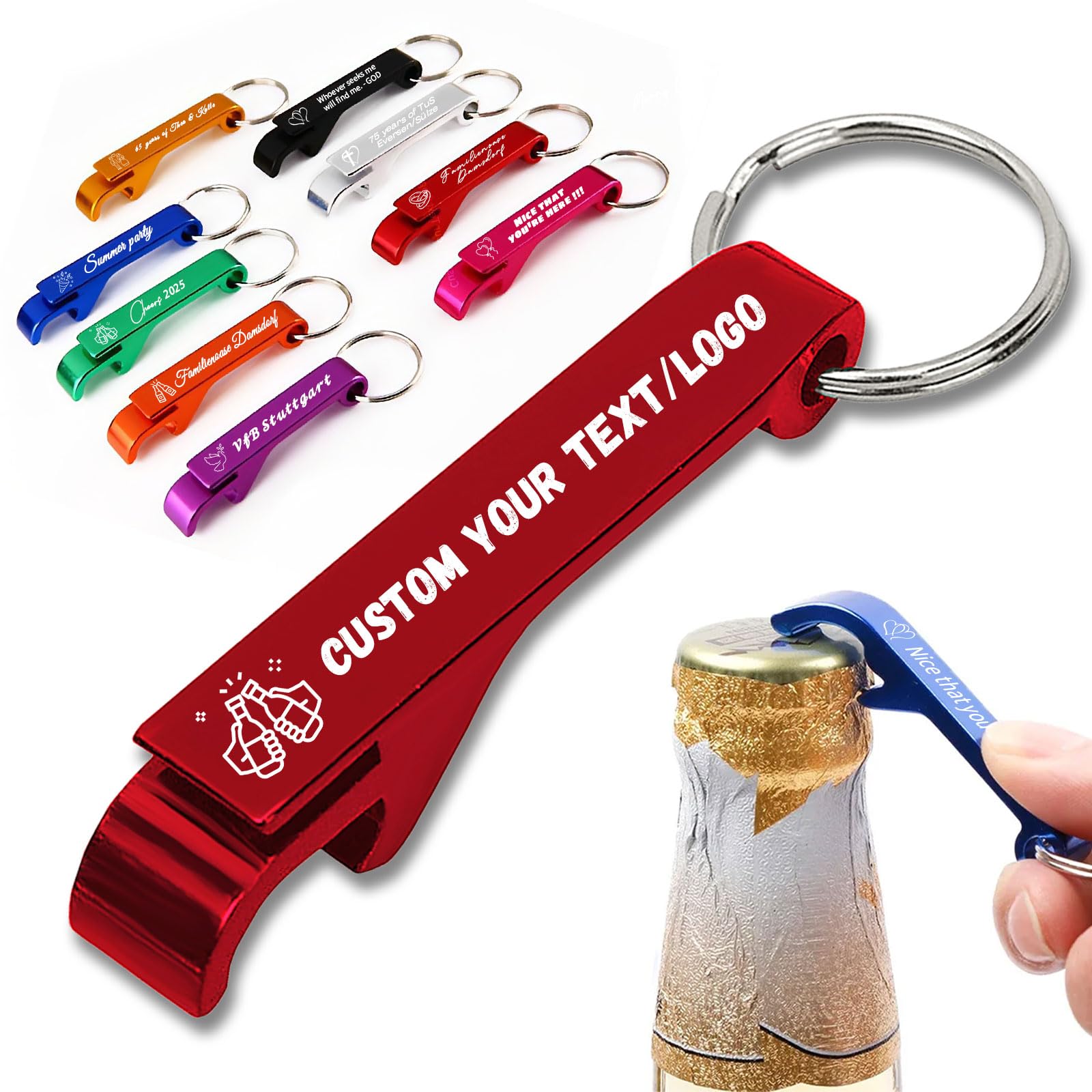 10-100 Pcs Personalised Aluminium Bottle Opener Keyring Engraved with Text Logo Custom Keychain Bottle Opener 9 Colours for Christmas Party Bar Gathering (50)