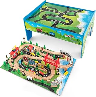 GLACER 80-Piece Train Table, Large Multipurpose Wooden Toy Activity Table Playset with Reversible Detachable Tabletop, Railway Tracks, Trains, Cars, DIY, Gift for Boys Girls Age 18M+, Multi-Color
