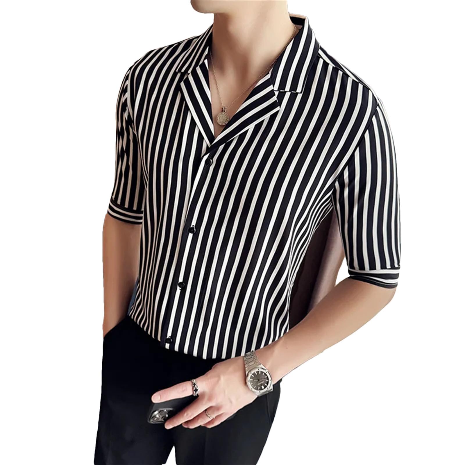 Camicie da uomo a maniche corte a righe slim fit casual ufficio plus size mezza manica camicia