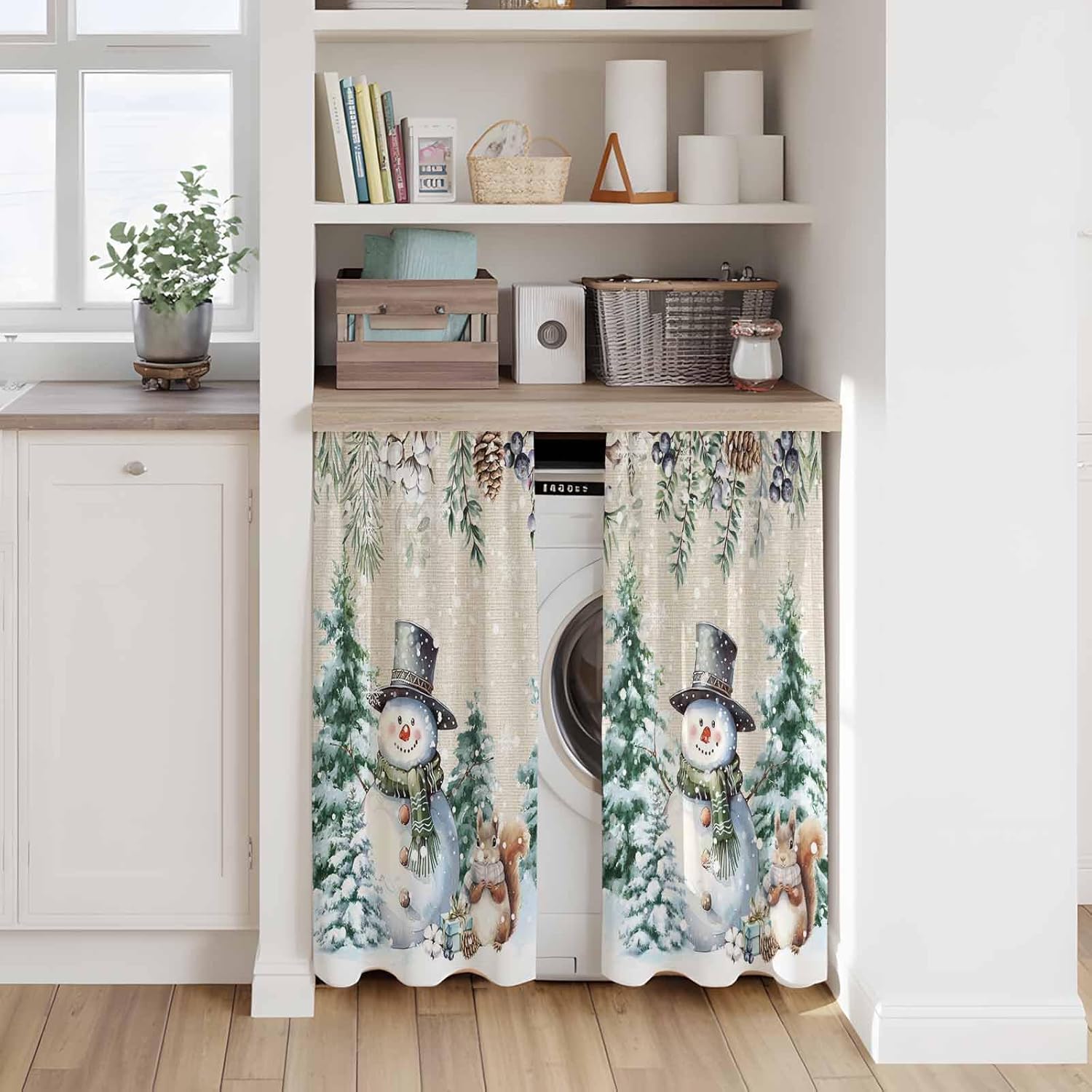 Snowman Christmas Kitchen Tier Curtains 45 Inch Long 2 Panel Set,Rod Pocket Short Window Treatment,Xmas Tree Weeping Pine Cones Rustic Curtains & Drapes for Bathroom Basement 27.5"W x 45"L