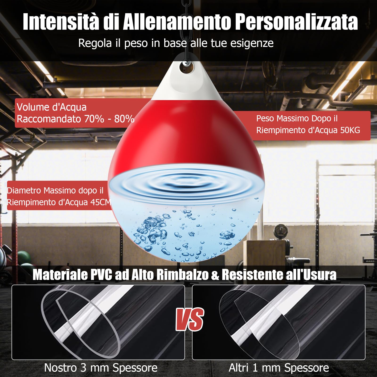 GYMAX Sacco ad Acqua per Boxe da 50 kg, con Accessori per Appendere e Riempire, Sacco da Boxe per Palestra Casa Ufficio, per Bambini ed Adulti, φ45 cm
