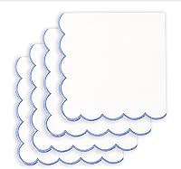 PurpleEssences Scalloped Embroidery 100% Cotton Cloth Napkins Set of 4, 18x18 Inch White with Light Blue Edges - Easter Spring Table Decor