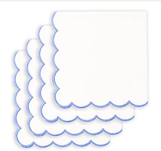PurpleEssences Scalloped Embroidery 100% Cotton Cloth Napkins Set of 4, 18x18 Inch White with Light Blue Edges - Easter Spring Table Decor