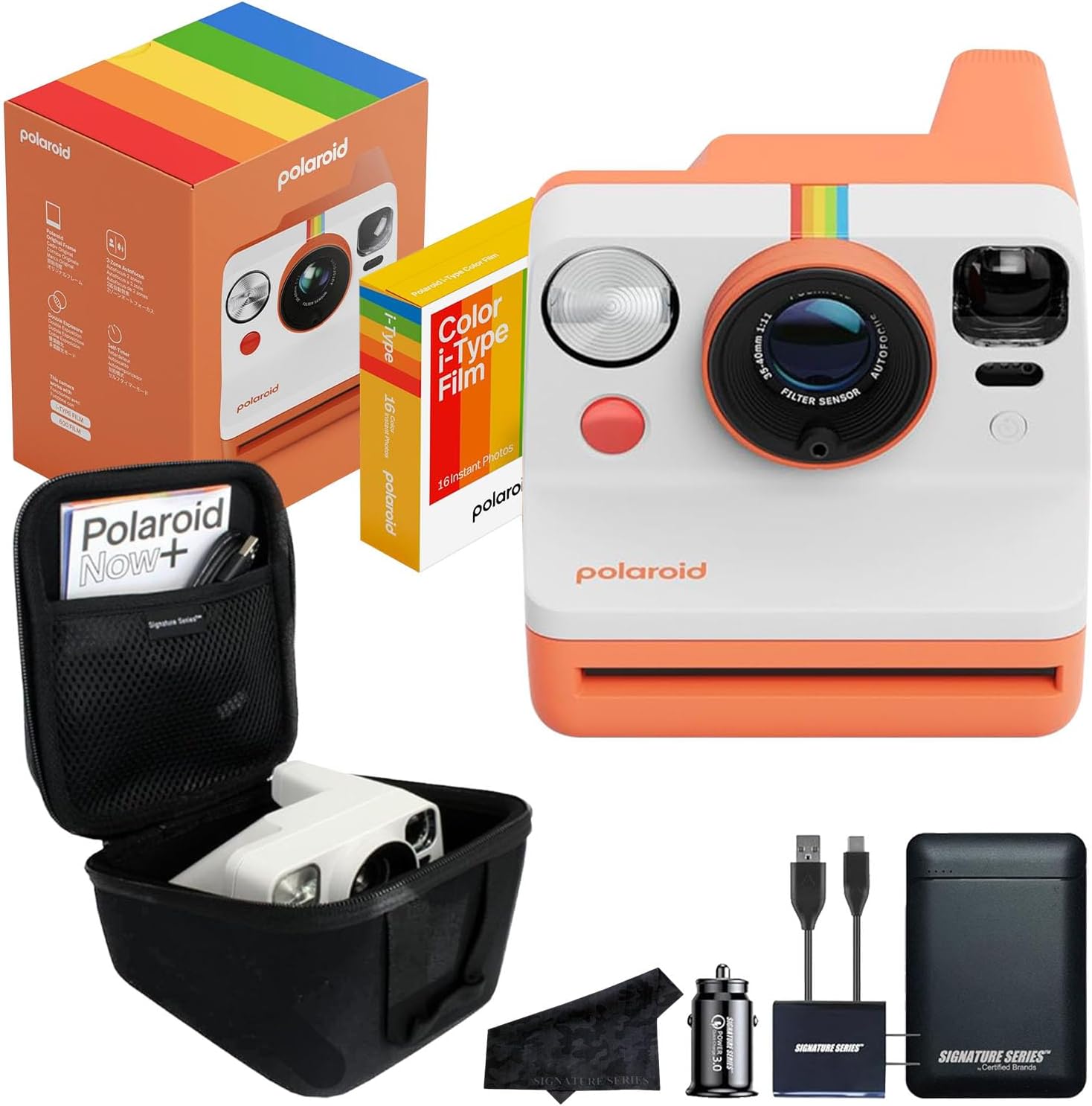 Polaroid Now 3rd Generation i-Type Instant Film Camera with 16 Color Film Photos, Coral, with Signature Series Case Bundle