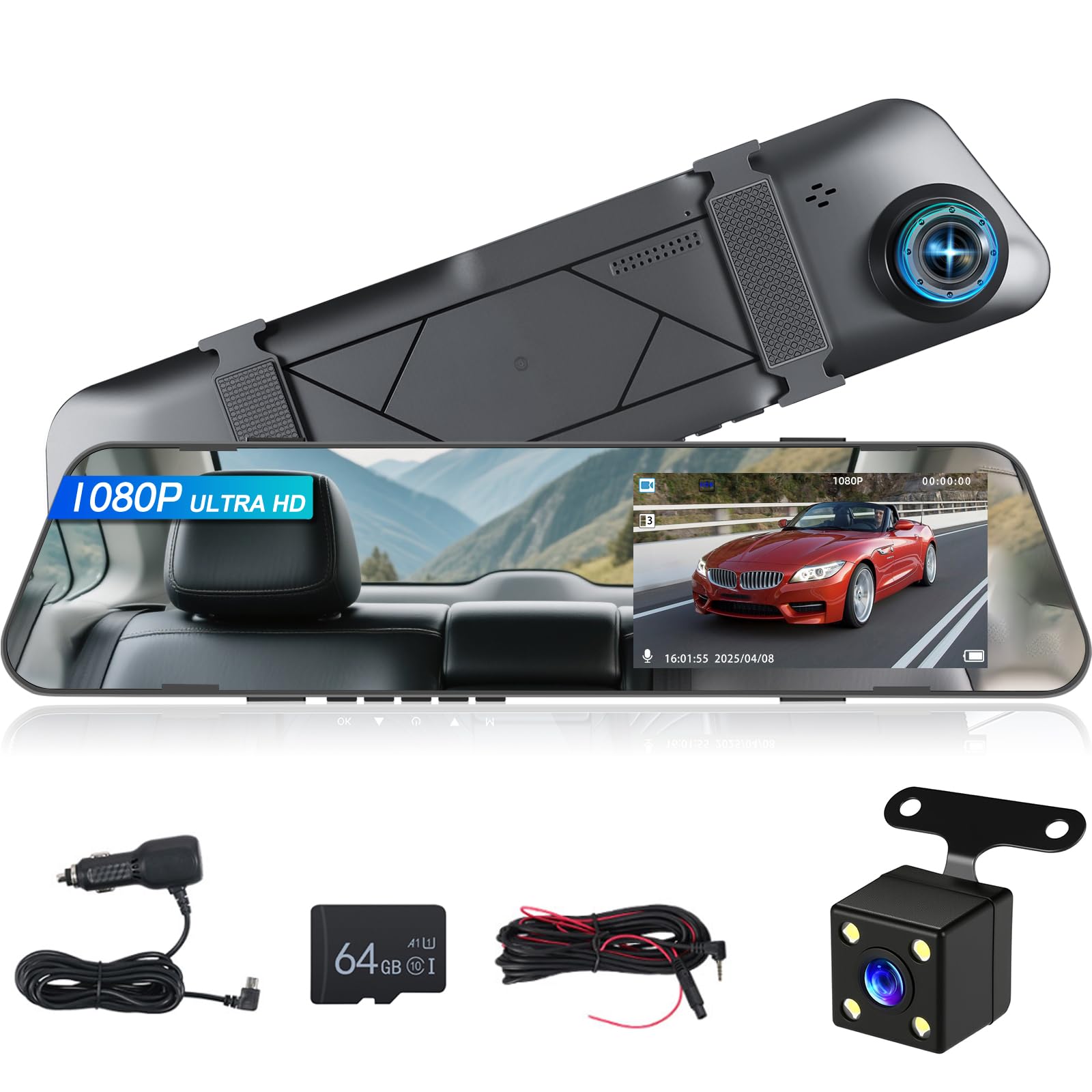 NHOPEEW 1080P Dash Cam con specchio e schermo da 4,5 pollici - Telecamere anteriori e posteriori Supporta registrazione in loop Controllo dell'esposizione della linea di retromarcia Visione notturna