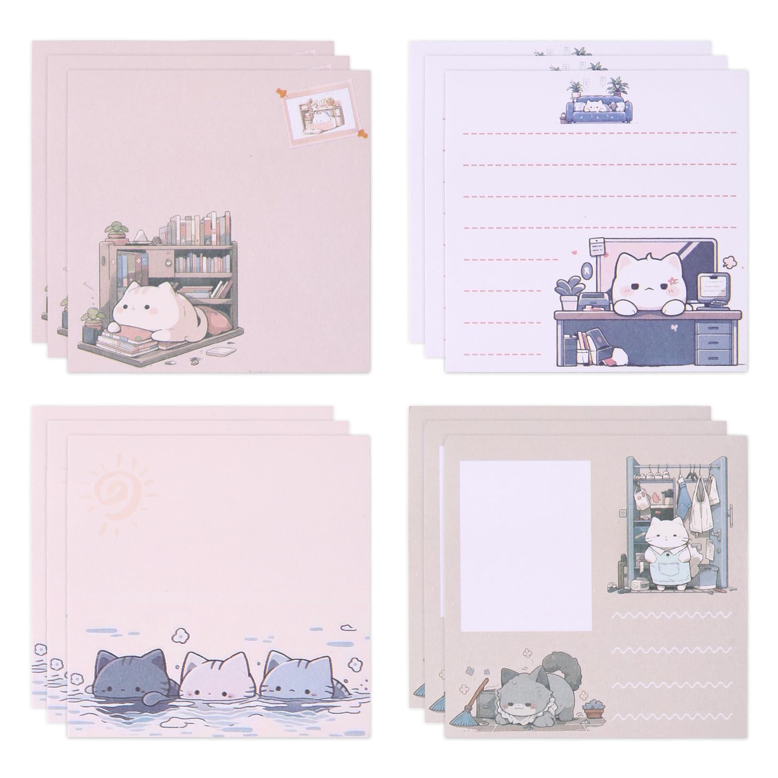Lot de 12 notes adhésives en forme de chat mignon de dessin animé, 600 feuilles de 7,6 x 7,6 cm, bloc-notes autocollants, facile à poster pour étudiant, maison, bureau, école (4 styles)
