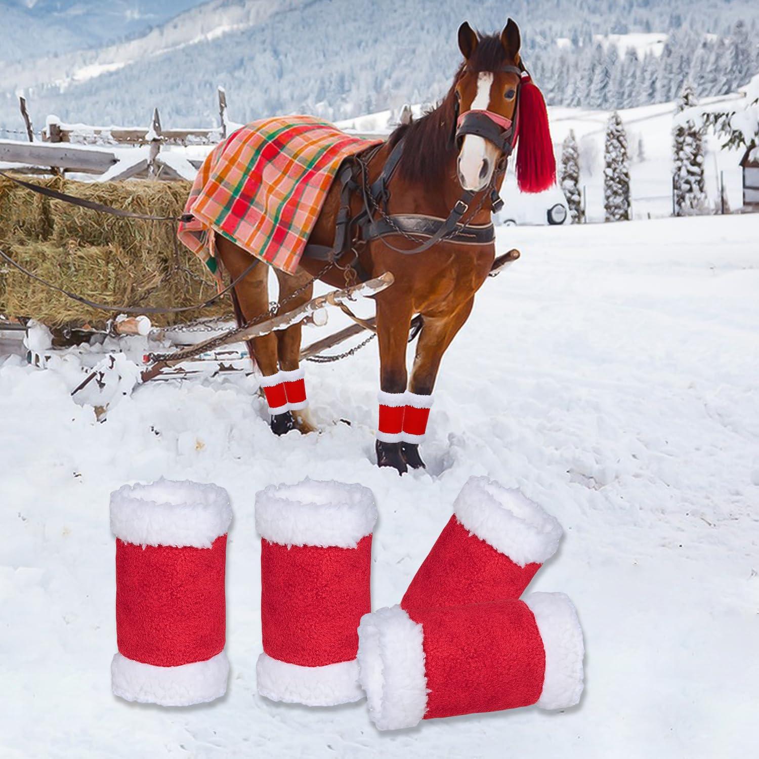 Nereds 8pcs Christmas Horse Leg Wraps Faux Fur Polyester Standing Wraps Red Horse Leg Wraps for Horse Winter Xmas Holiday Party Accessories - Image 4