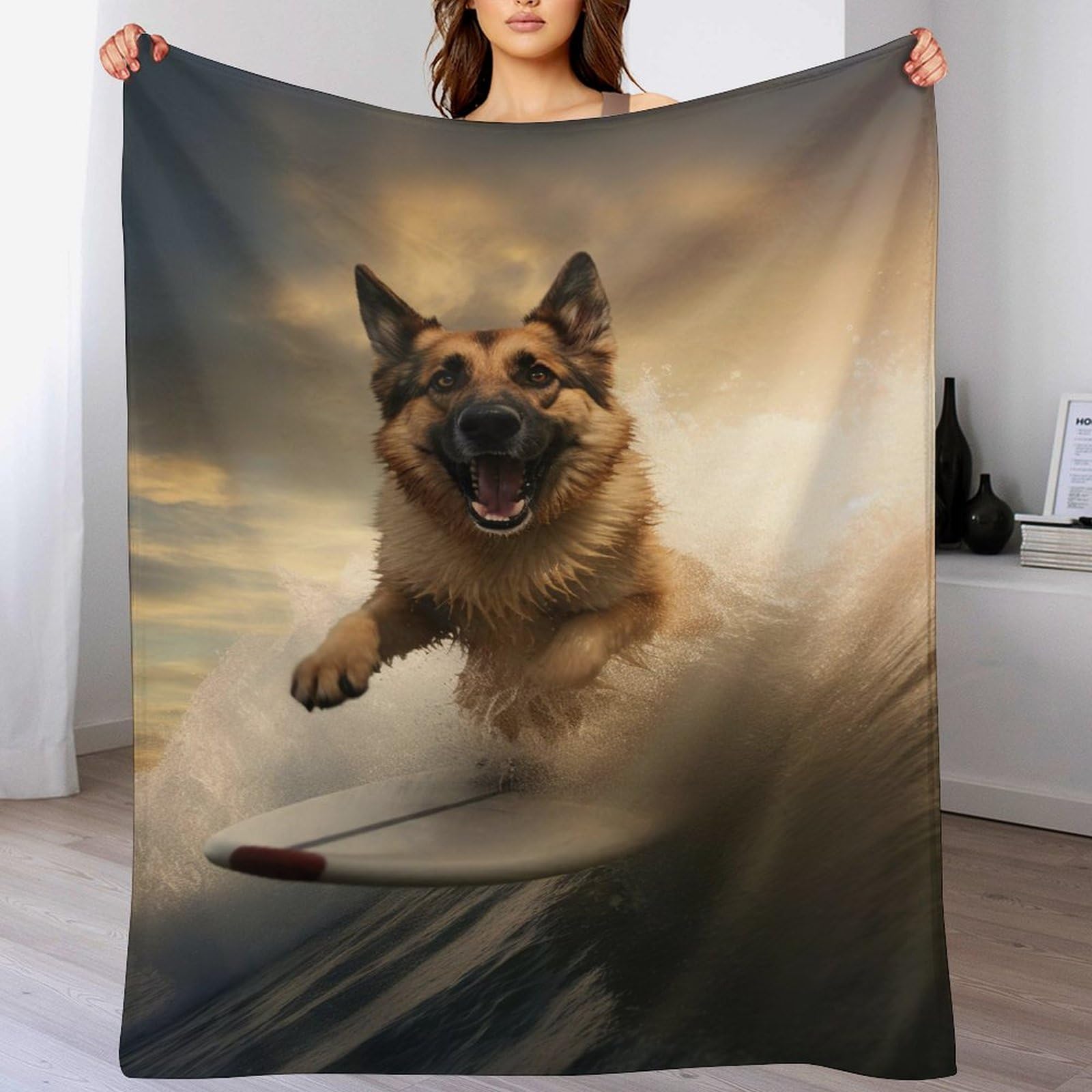 Couverture Berger Allemand flanelle grand format pour lit et canapé
