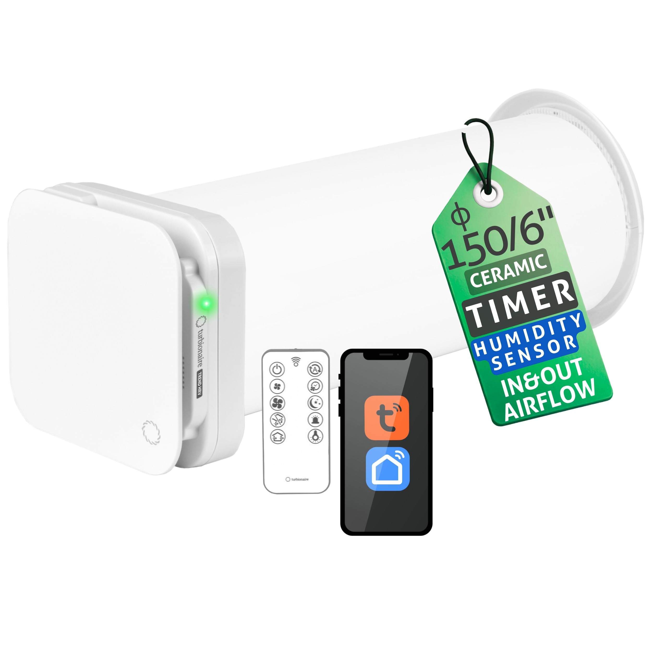 Turbionaire Trend HRV 150 WMW Unite de VMC Décentralisée à flux alternatif, WiFi, Récupérateur de Chaleur, Capteur d'Humidité, Télécommande, 8 Vitesses, 158 mm, Blanc, Silencieuse, Garantie 3 ans
