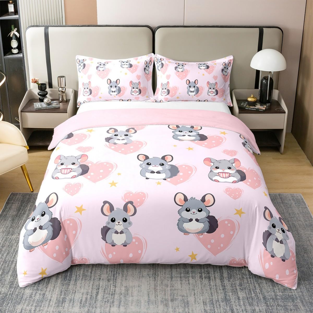 Cartoon Elch 100% Baumwolle Bettbezug 135x200,Rosa Liebe Herz Bettwäsche Set für Kinder Jungen Mädchen,Niedliche Ratten Bett Sets,Kawaii Zoo Tier Bettbezug mit 1 Kissenbezug Weich,Kein Tröster