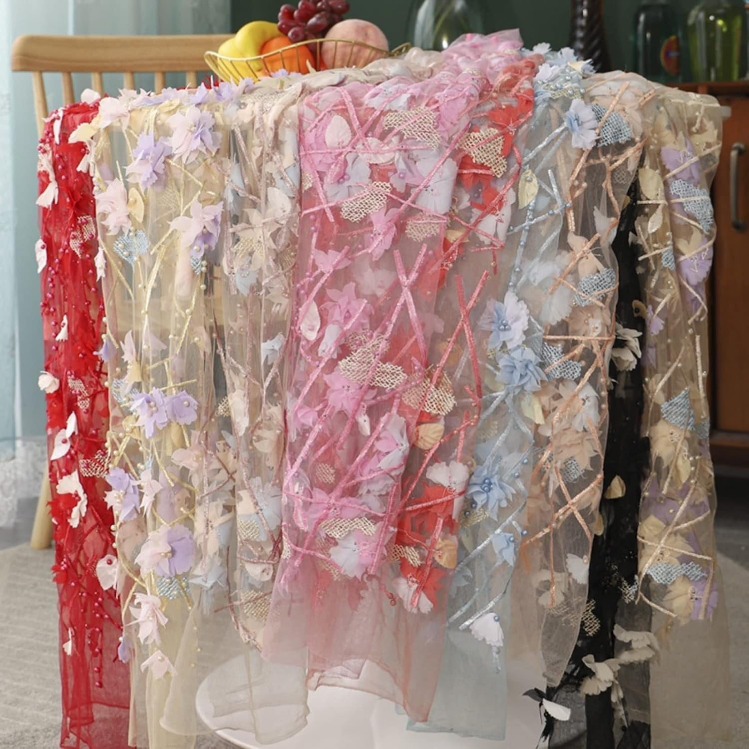 Tulle brodé en dentelle de perles fleurs 3D polyester