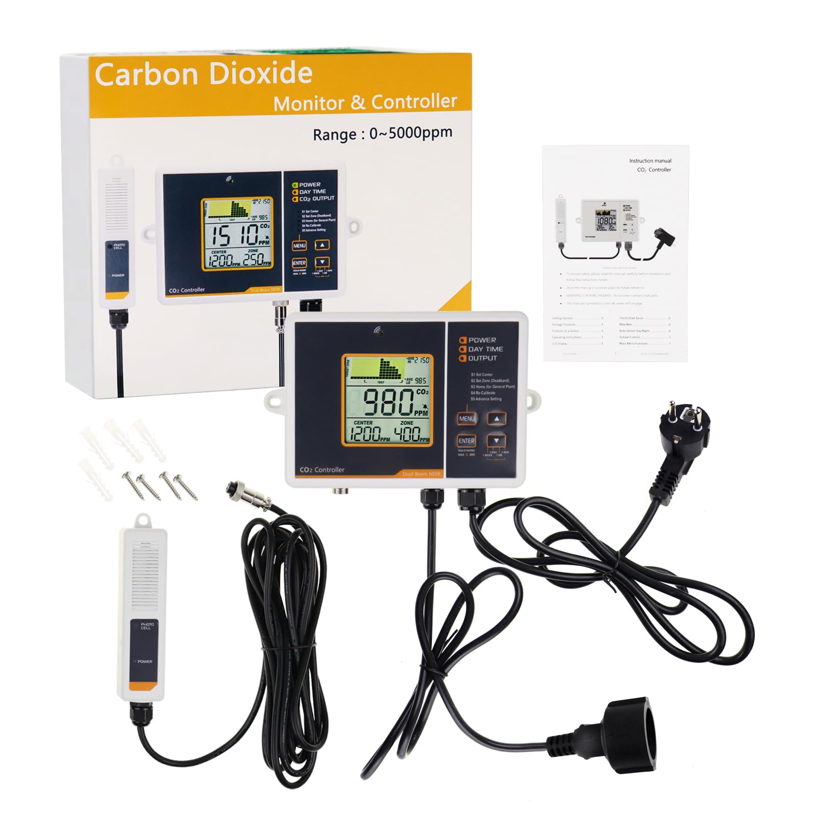 Gaz Carbonique CO2 Mètre Manette & Moniteur CO2 Détecteur avec Type divisé Télécommande Capteur et 4.6 Mètre Long Câble Double Canal Faible Dérive NDIR Capteur pour Serre, Résidentiel