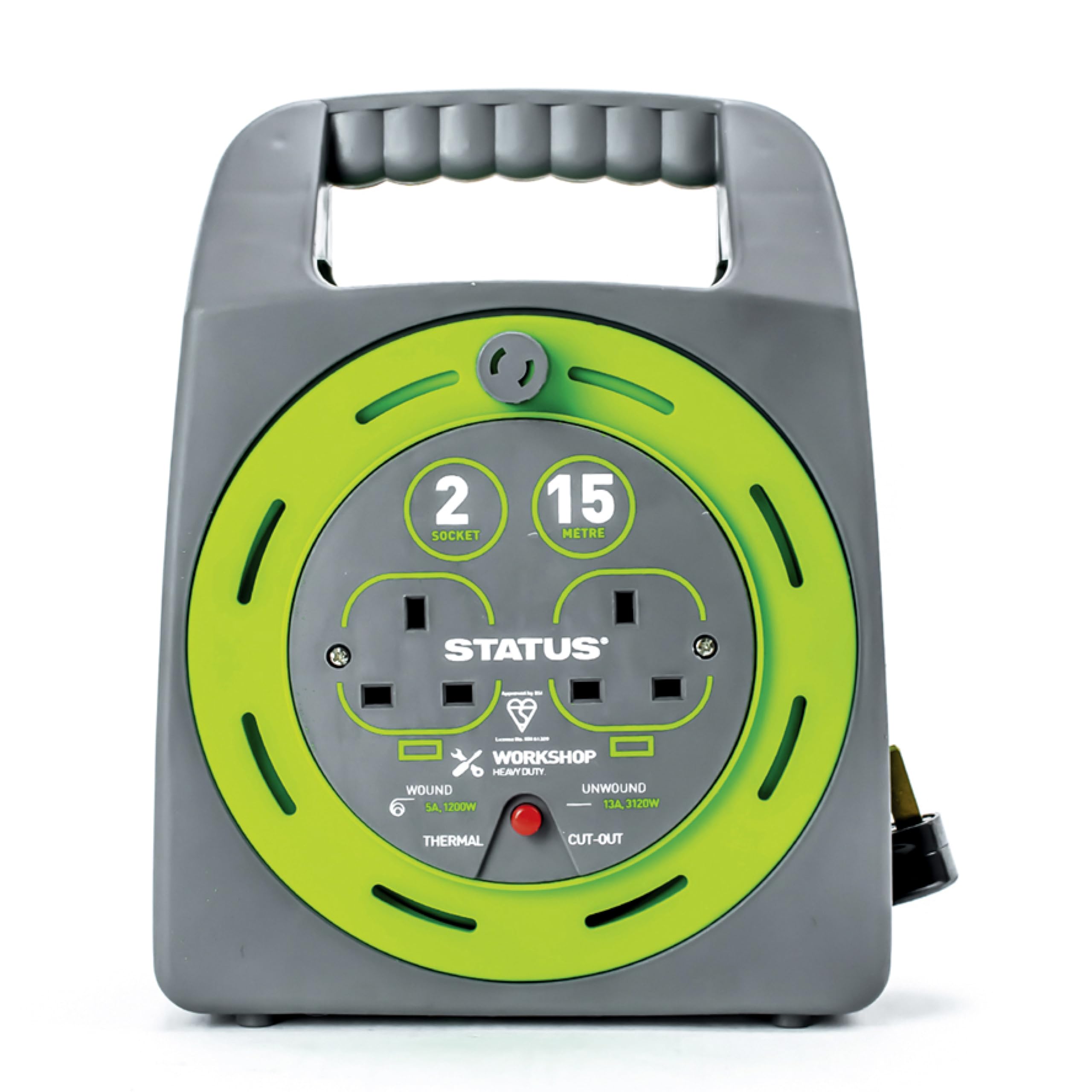 Status 15 M 13 A 2 Socket Outlet Cable Reel - Green/Grey