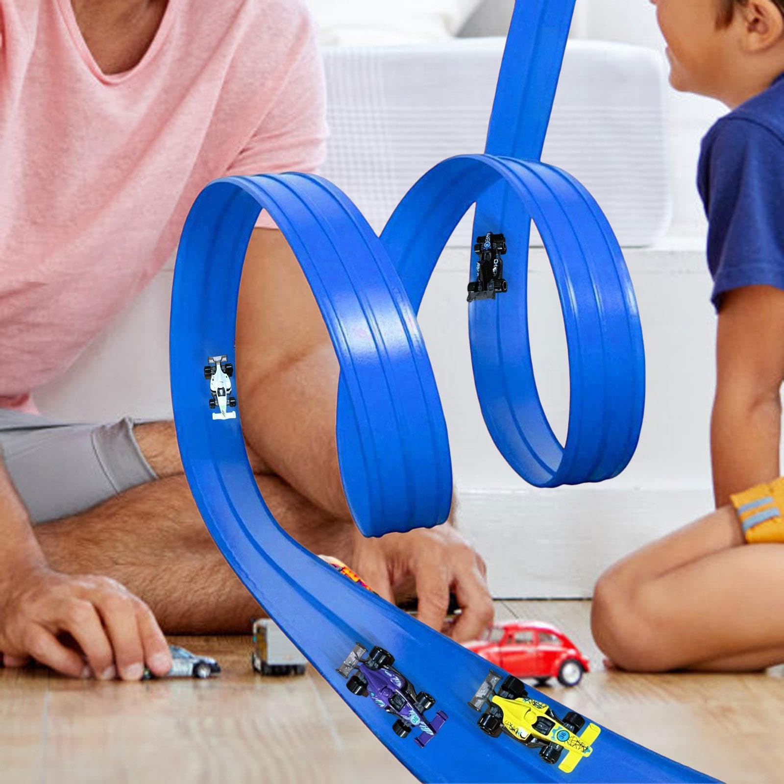 Flexible Rennstrecke Spielzeug Set mit Saugknöpfen Kompakte Rennbahn für Kinder Robuste Diecast Autos DIY Rennbahn Bastelset für Familienausflug Kinde, Blau, 4m