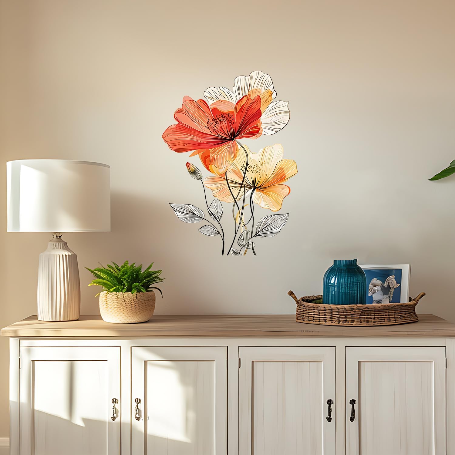 FOREVER QUEEN Watercolor Poppy Floral Wall Stickers -35”x12” Minimalist Line Art Flower Decals for Bedroom,Living Room & Boho Home Decor, DIY Removable image 3