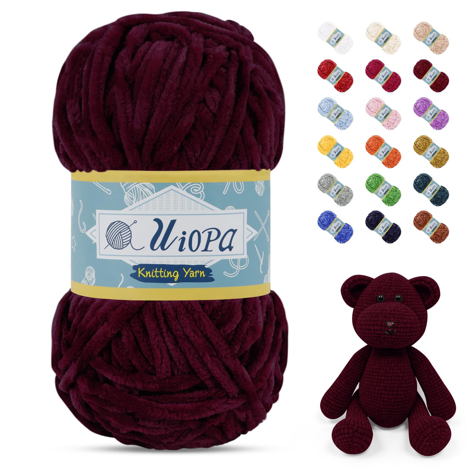 Uiopa 100g/80m Chunky Chenille Yarn, Plush Velvet Yarn Thick Chenille Wool, Wine Red Fluffy Crochet Chunky Wool for Amigurumi Blankets Clothes DIY Crafts