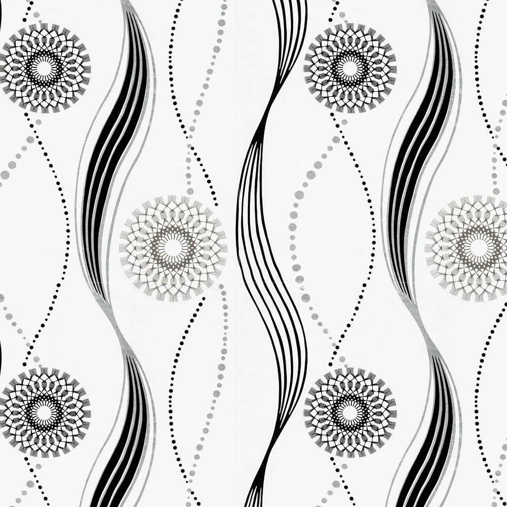 LZH-LP Abstract Wavy Lines Self-Adhesive Wallpaper, 45x300CM Black White Swirling Peel Stick Vinyl, Abstract Snowflakes Dandelions Removable Wallpaper Film Roll for Wall Cabinet Décor