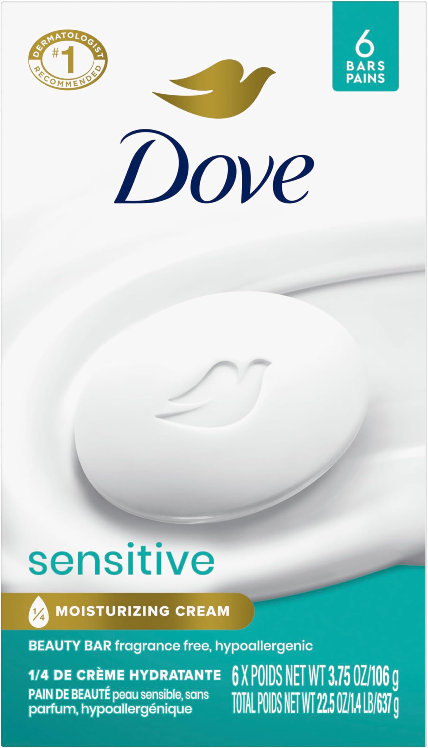 Beauty Bar Soap Sensitive, 6 Bars for Sensitive Skin, Fragrance Free and Hypoallergenic 3.75 oz