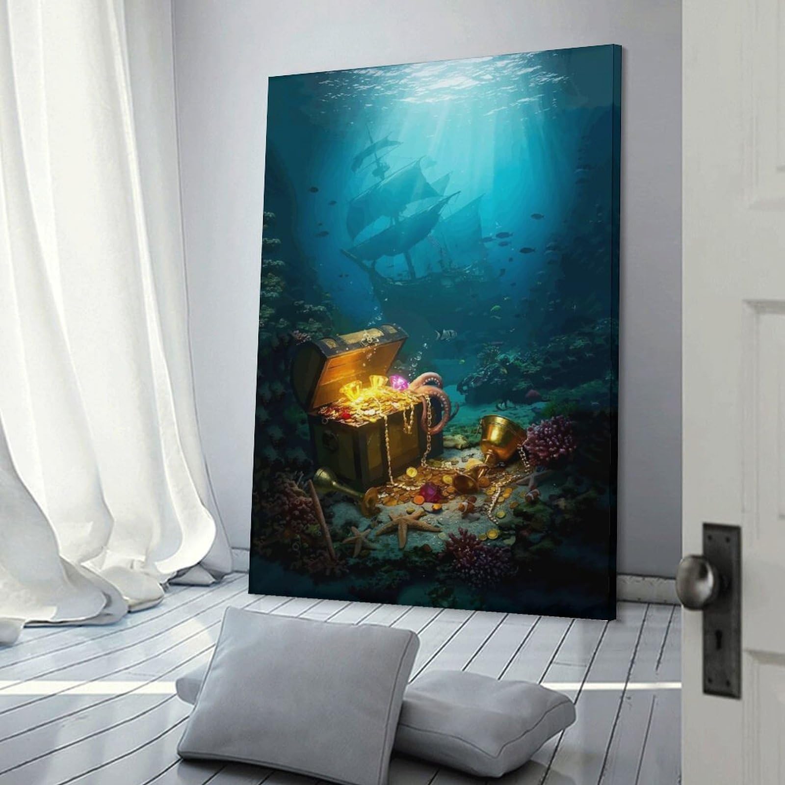 Junmoney Frame-Style-17 Underwater Treasure Chest With Sunken Ships Canvas Wall Decor, 24X36inch(60X90cm), For Lounge Decor, Bedroom Walls Or Flats, Eye Catching Artwork For Blank Walls