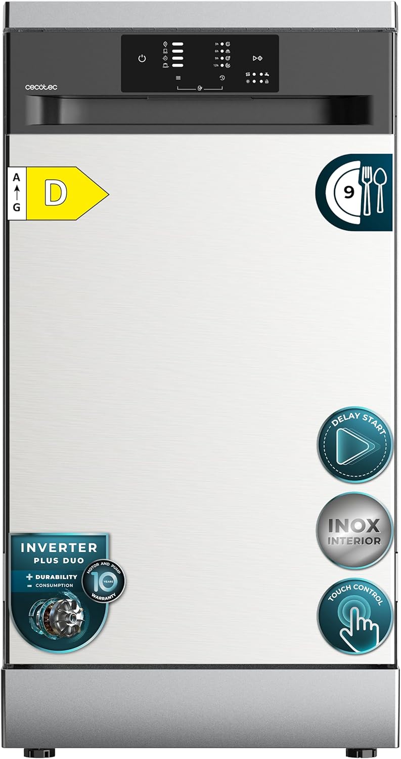 Cecotec Bolero Aguazero 4350 Inox Lave-vaisselle 45cm 9 Couverts Inverter Plus Duo Autoclean Panneau Touch Classe D