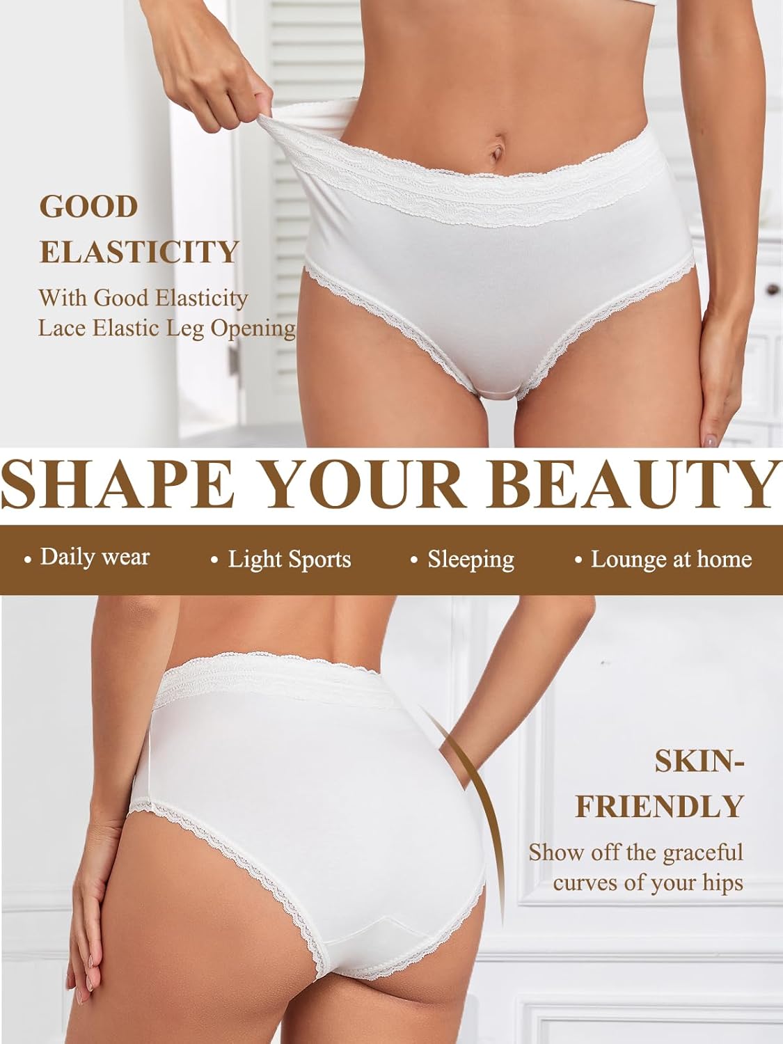 Women's Cotton Underwear Lace Stretchy High Waisted Ladies Panties Breathable Briefs 5 Pack - Image 6