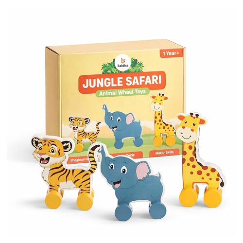 Babbles Jungle Safari Wooden Animal Wheel Toys for Kids, Premium Push & Roll Toys for Toddlers 1-3 Years, Promotes Motor Skills, Imaginative Play, Storytelling (Animals)