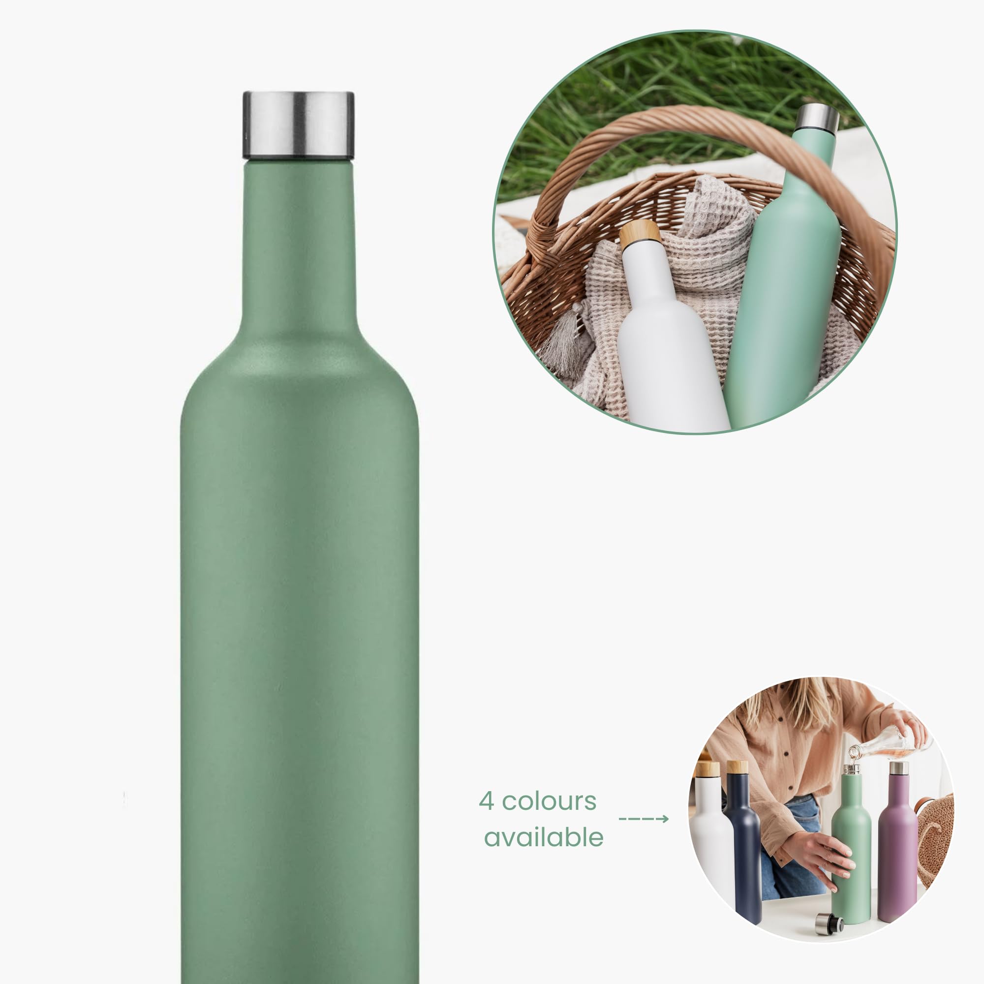 EST 2012 UBERSTAR BARWARE & GIFTS VINNIE Stainless Steel Insulated Travel Wine Bottle 750ml / Hot or Cold Drinks/Reusable Flask Screw Top/Water Wine Juice (Sage Green) - Image 3