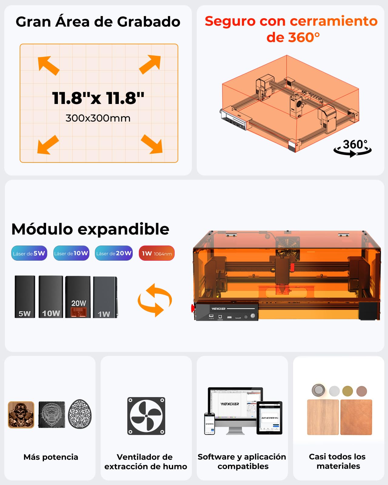 Grabadora Laser, Woxcker L2 MAX 20W Cortadora Laser con Carcasa, Máquina de Grabado Láser CNC, Superficie de Grabado 300x300mm Maquina Laser para Grabar y Cortar Madera, Metal y Vidrio