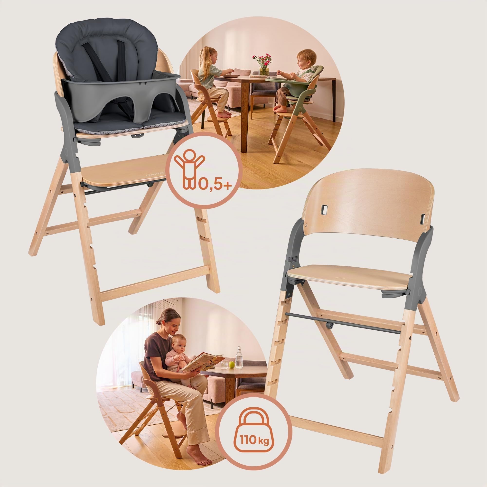 LIONELO Megan Seggiolone Pappa in Legno per Bambini da 6 Mesi e Adulti | Evolutivo fino a 110 kg, Poggiapiedi Regolabile, Cinture a 5 Punti, Cuscino per Seduta e Facile da Pulire