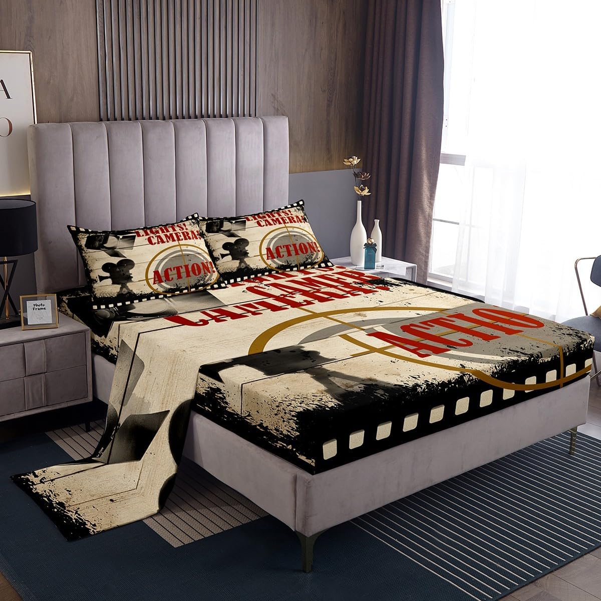 Homewish Vintage Movie Theater Bed Sheet Queen Set Movie Theater Cinema Sheets Sets Adults Bedroom Decor Rustic Wooden Microfiber Bedding Set with Flat,Fitted Sheet,2 Pillow Cases