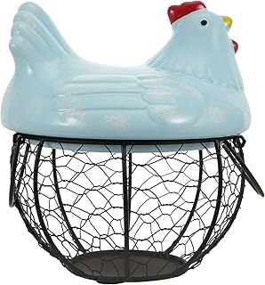 Iron Egg Holder Chicken Egg Basket Egg Storage Basket Easter Egg Basket with Hen Figurine Ceramic Iron Basket Farmhouse Kitchen Decoration Ornament Blue Rustic Gathering Baskets