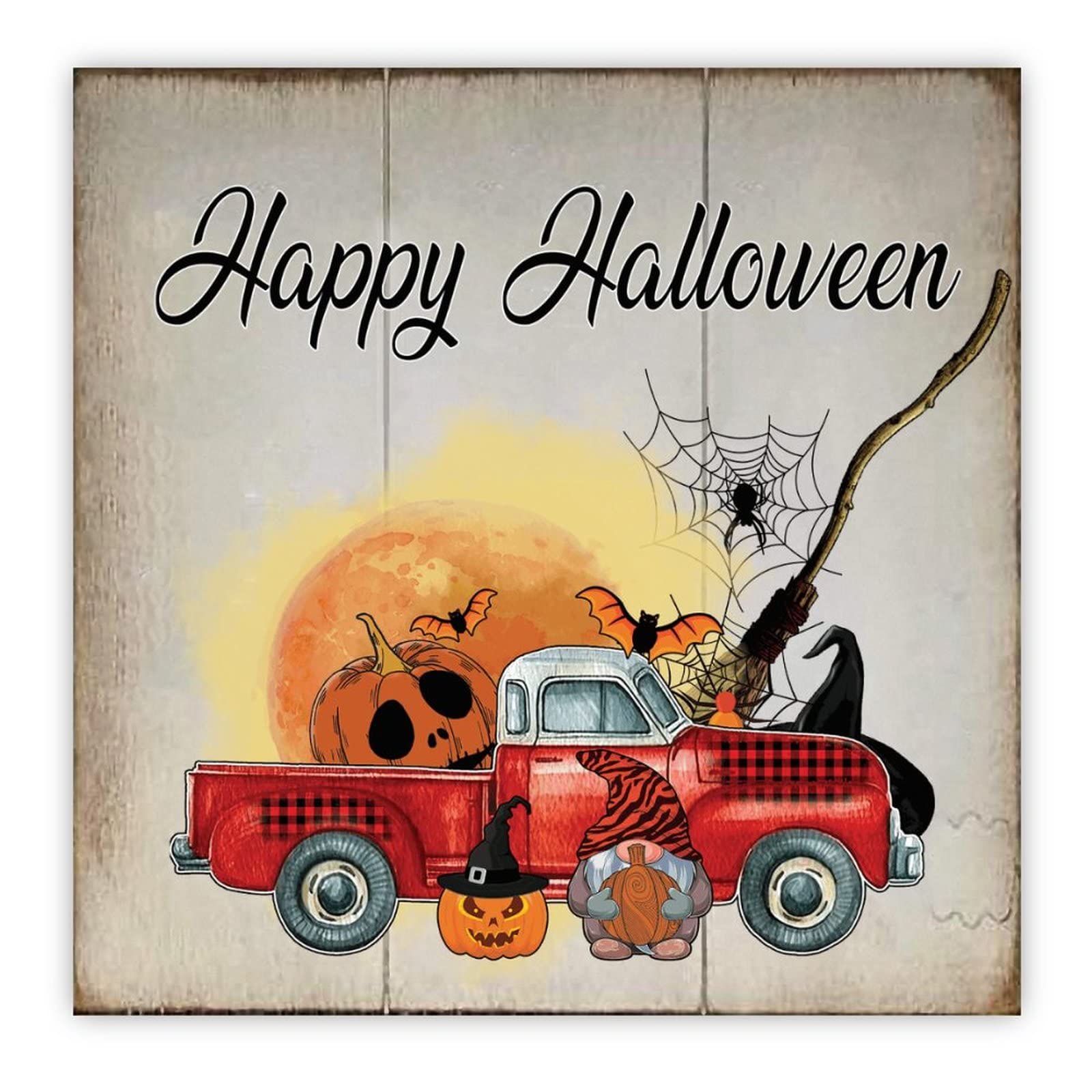 Panneau bois Halloween camion citrouille pour déco murale rustique