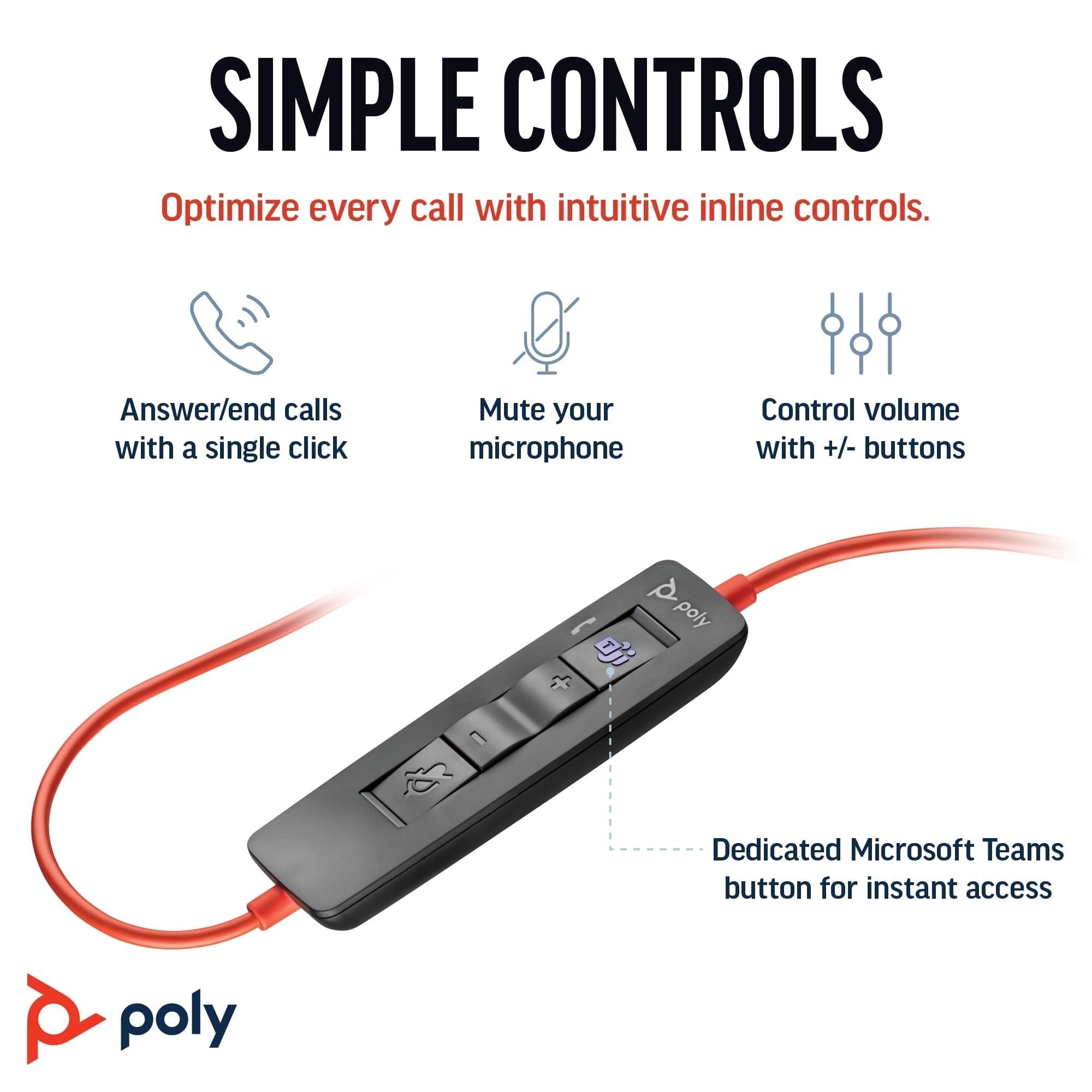 Poly Blackwire 3320, Cuffia Cablata con Connessione USB-A/C, Cuscinetti in Similpelle, Riduzione del Rumore e dell'Eco, Comandi sul Cavo, Adatta per Teams, Compatibile con Windows 10 e macOS,Nero