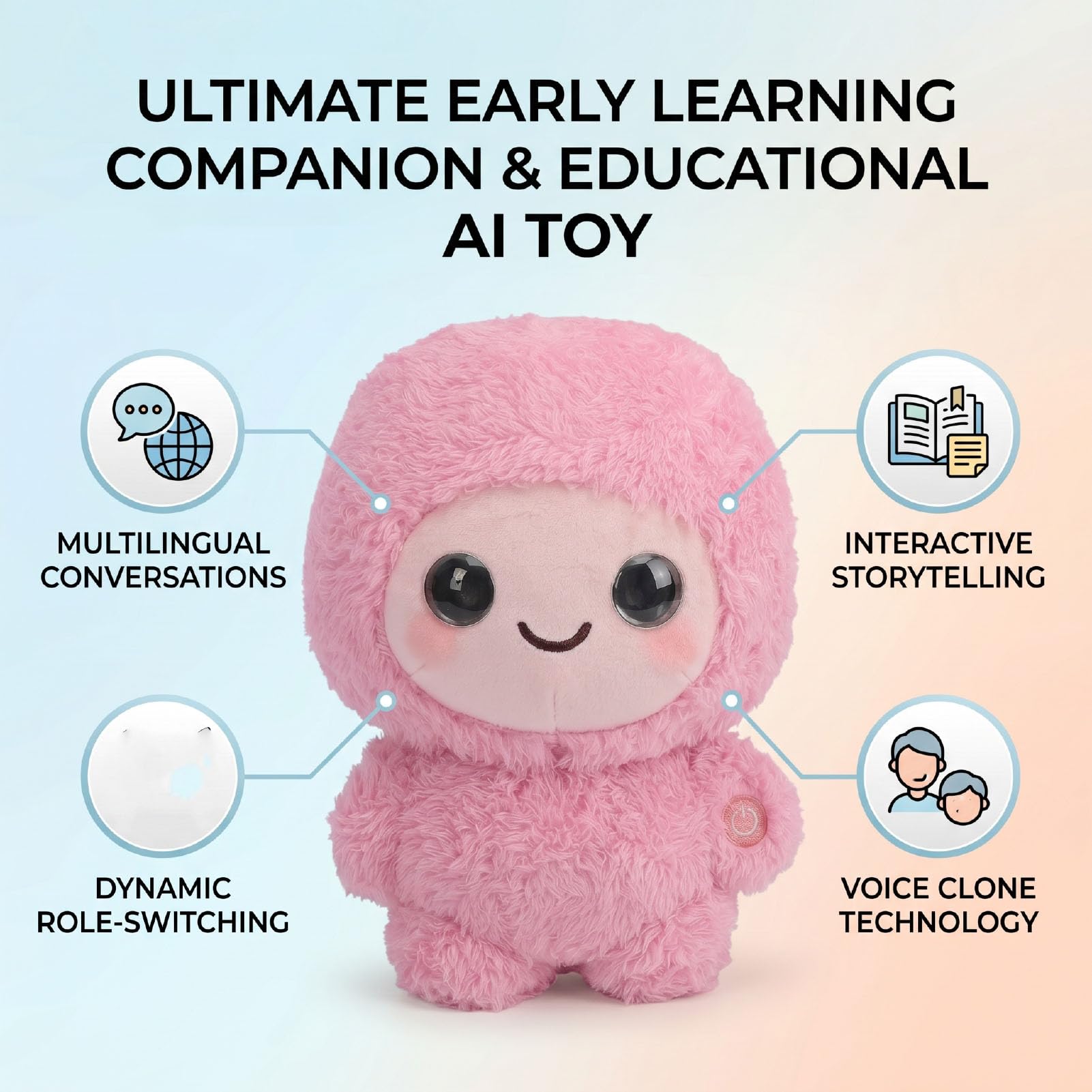 Juguete de Peluche AI, Animal de Peluche Interactivo con Chat de Voz en 66 Idiomas, Juguete Compañero de AI, Inteligente Que Habla con Juegos Educativos de Narración y (Pink)