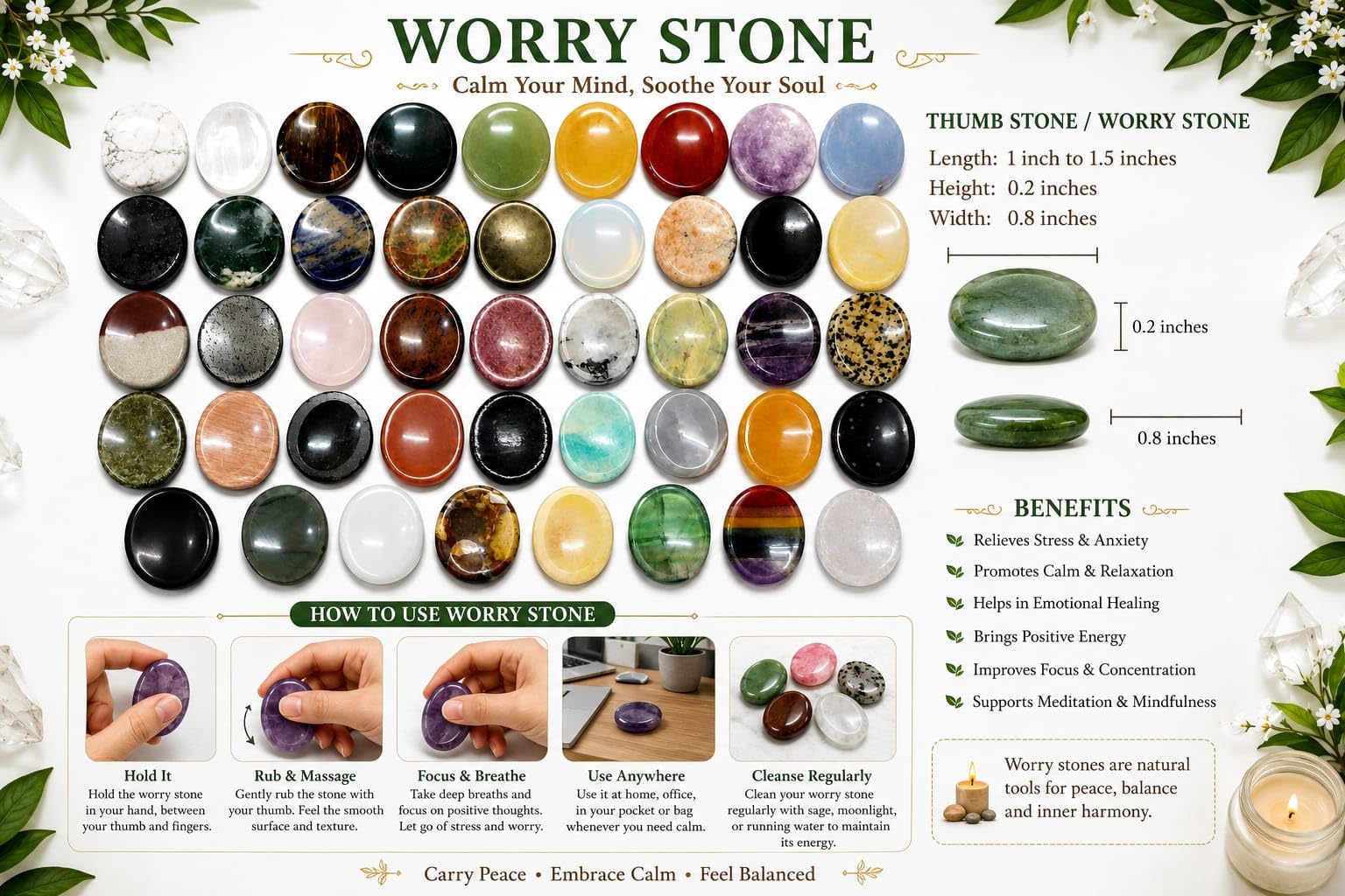 Treinta piedras preciosas piedras de preocupación Reiki cristal curativo regalo de bienestar metafísico pulgar piedra poderosa meditación energía hecha a mano