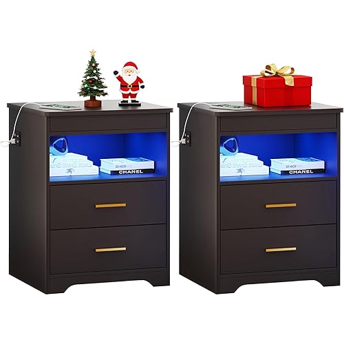 Nightstand Set of 2, Charging Bedside Table with USB & Type-C Port, LED Nightstand with Human Sensor Light, Modern End Table with Gun Drawers for Bedroom Office, Black