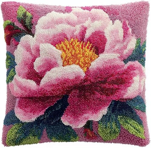 FWRTYCB Latch Hook Pillow Kit Peony Crochet Yarn Hooking Pillowcase