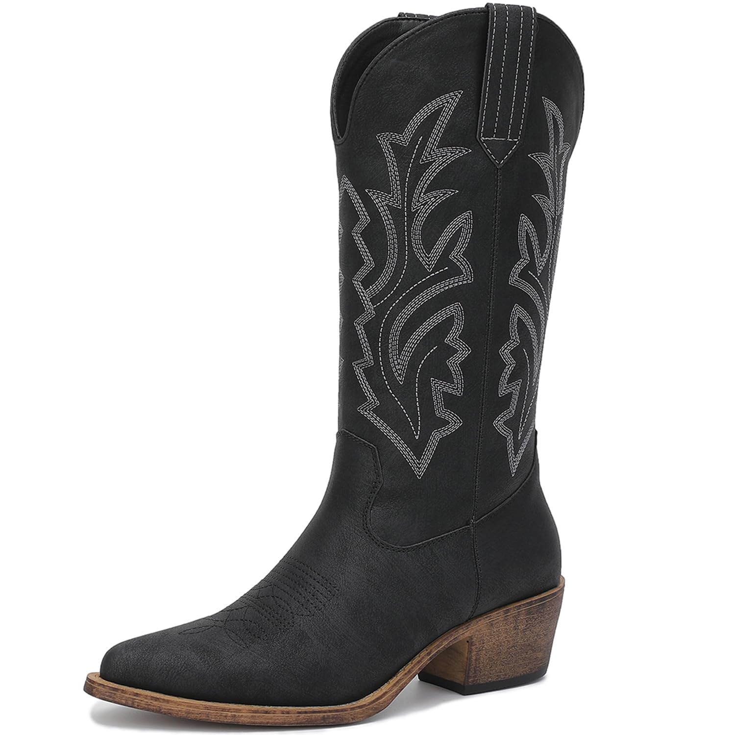 GLOBALWIN Women's Mid Calf Western Cowboy Boots Cowgirl Boots for Women with Floral Embroidery Side Zipper Chunky Heel
