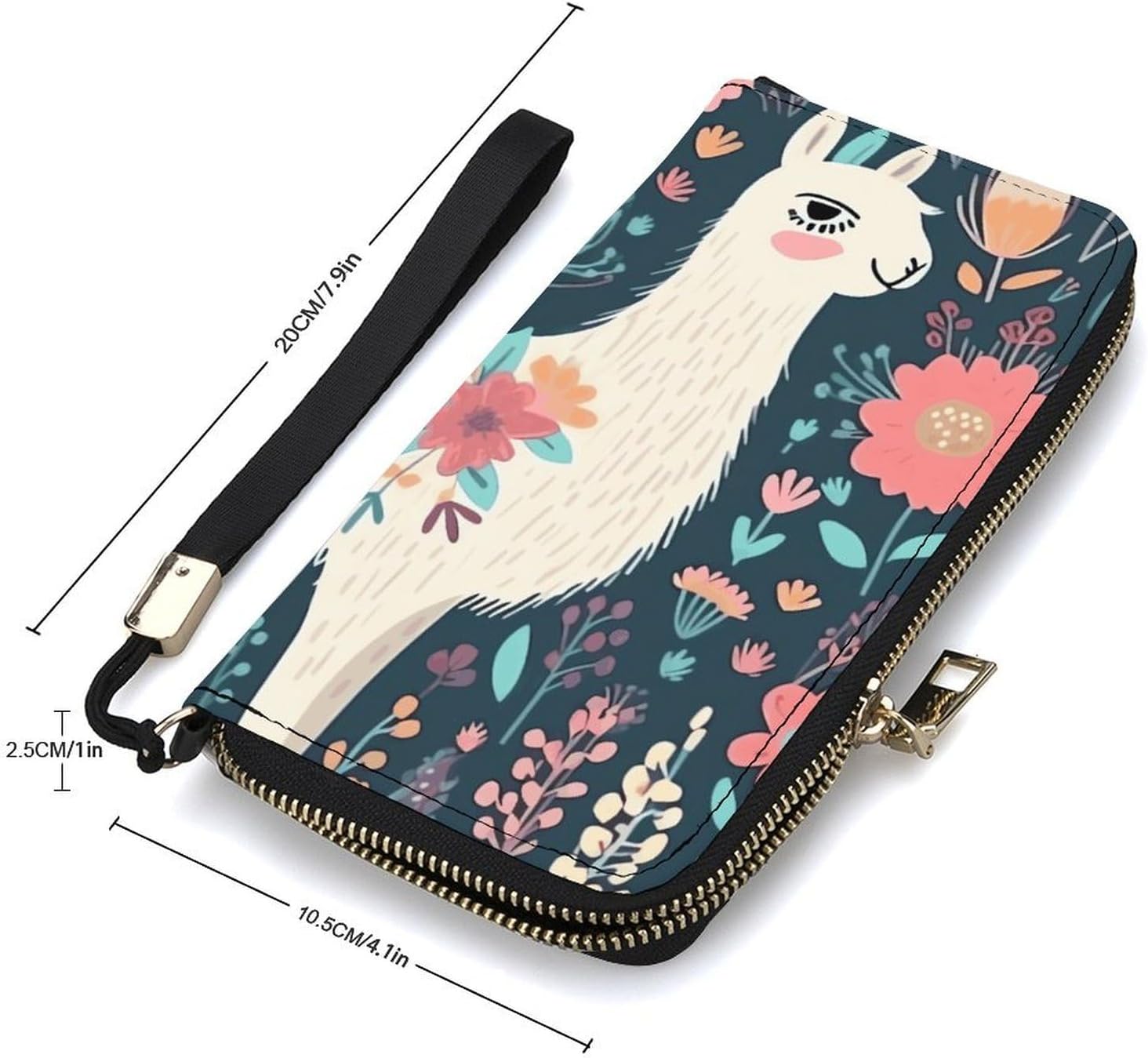 Long Wallet Waterproof PU Zipper Wallets, Cute Llama Floral Printed Large Capacity Ladies Travel Purse WristletTravle Wallet