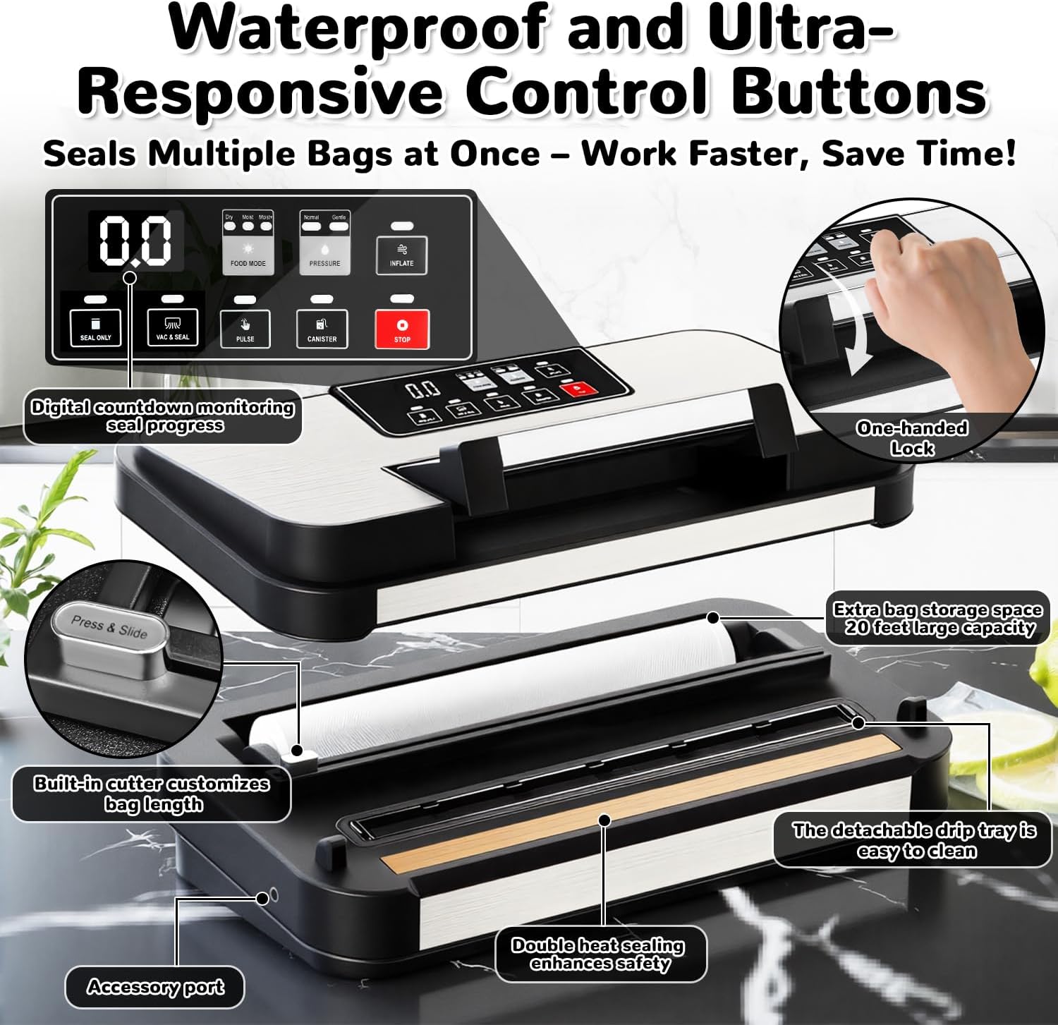 95Kpa Powerful Vacuum Sealer Machine, 11-in-1 Automatic Food Sealer with Double Seal, Built-in Cutter & Bag Storage, for Dry Moist Food Preservation, Extend Freshness 8X Longer