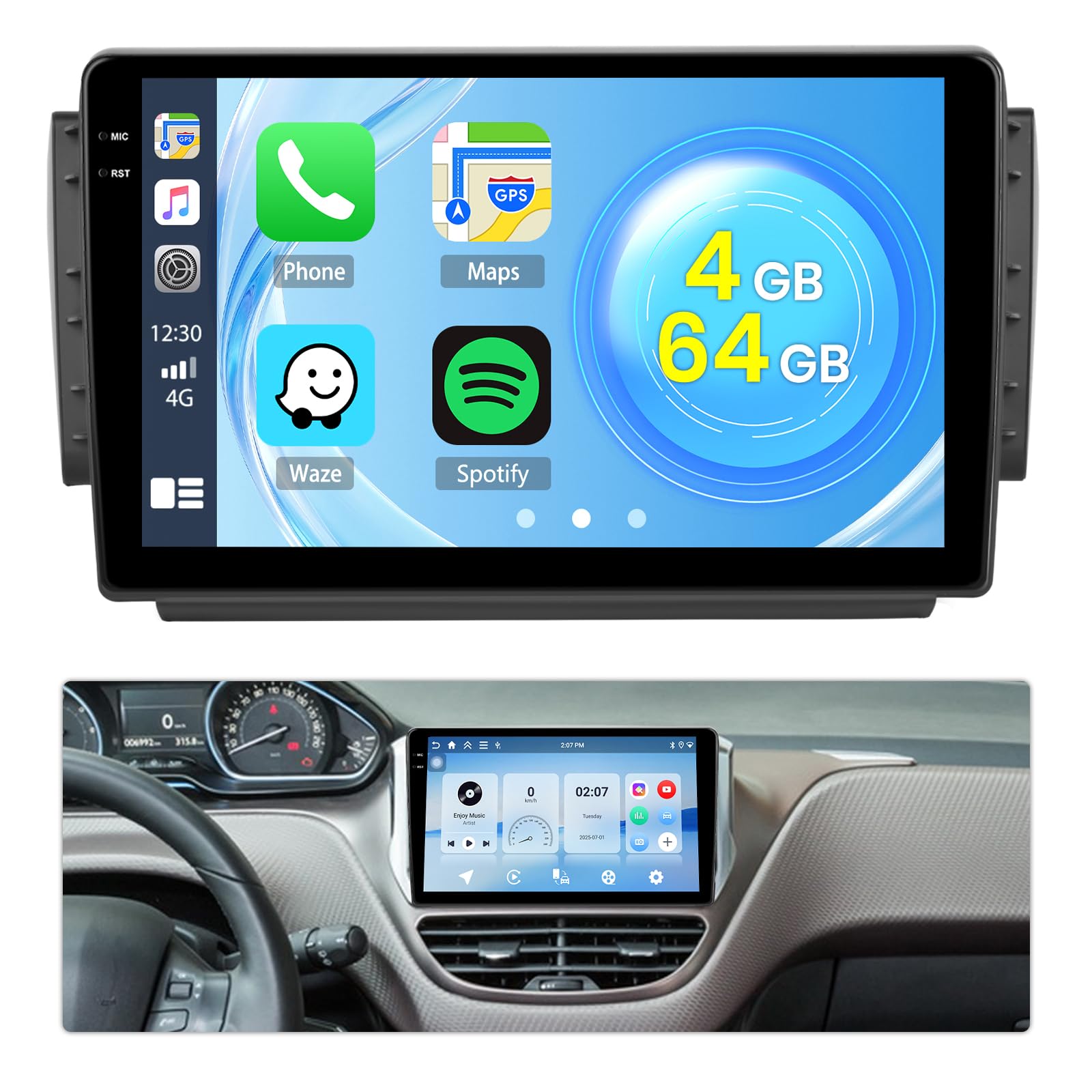 Autoradio Android 15 4 Core 64 G Pour Peugeot 2008 208 2012-2018 Avec Carplay Sans Fil Android Auto 5G WiFi Navi GPS, 10,1 Pouces Avec Mirror Link Bluetooth FM/RDS Radio EQ/USB/SWC Caméra