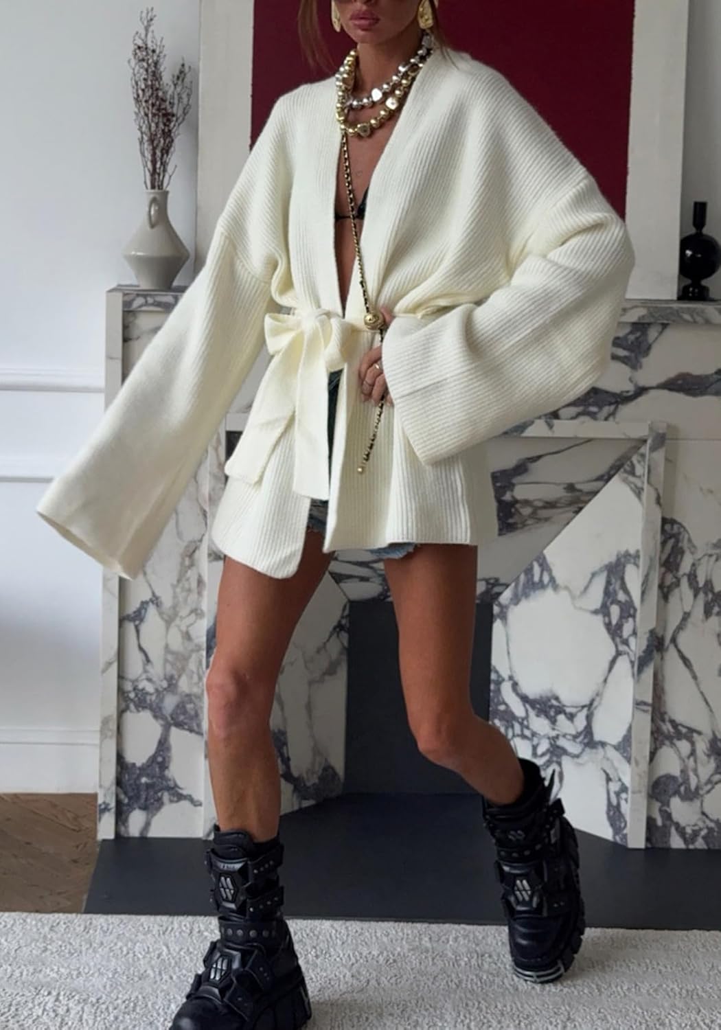 LKOUS Women's Long Sleeve Lightweight Soft Sweater V Neck Lace Up Waist Open Front Solid Knit Cardiagns with Belt - Image 4