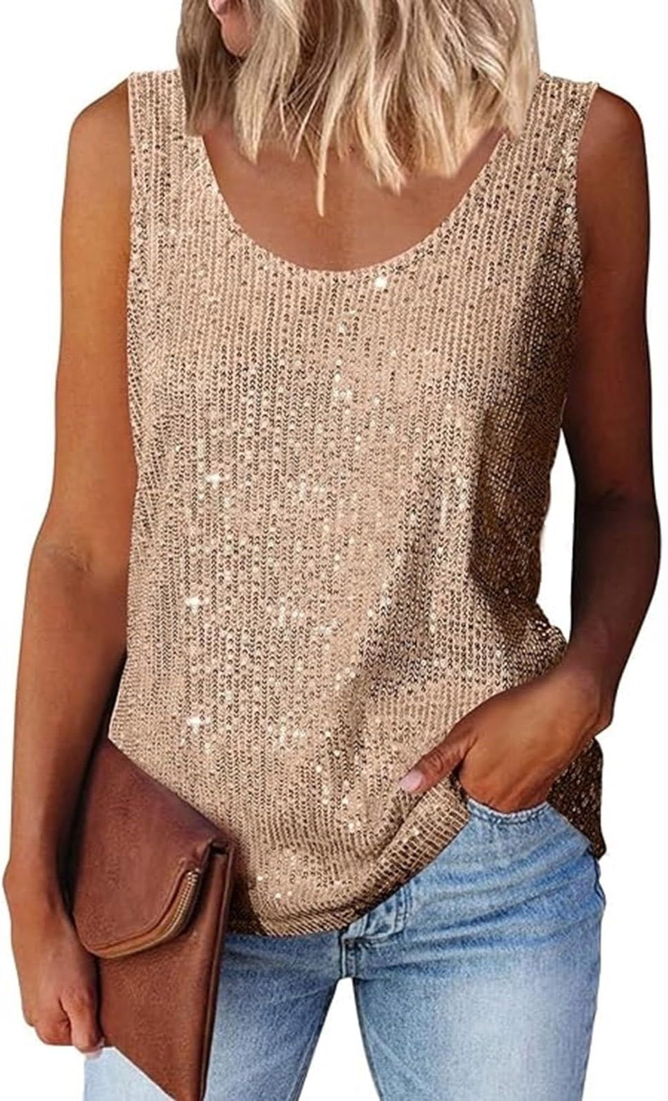 Womens Sequin Tops Summer Fashion Scoop Neck Sparkle Shimmer Short Sleeve/Sleeveless Tanks Tops for Party Night