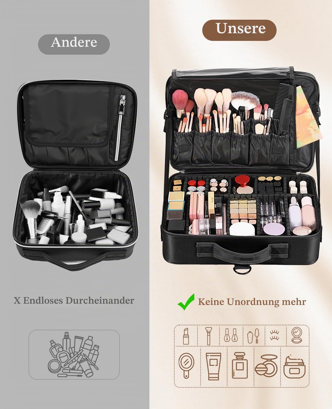 Luxspire Kosmetiktasche Groß Make Up Tasche Reise, Multifunktion Schminkkoffer Kosmetika Etui Tasche Kosmetikbeutel Reißverschluss Schultergurt Aufbewahrungstasche für Damen Maskenbildner, Schwarz