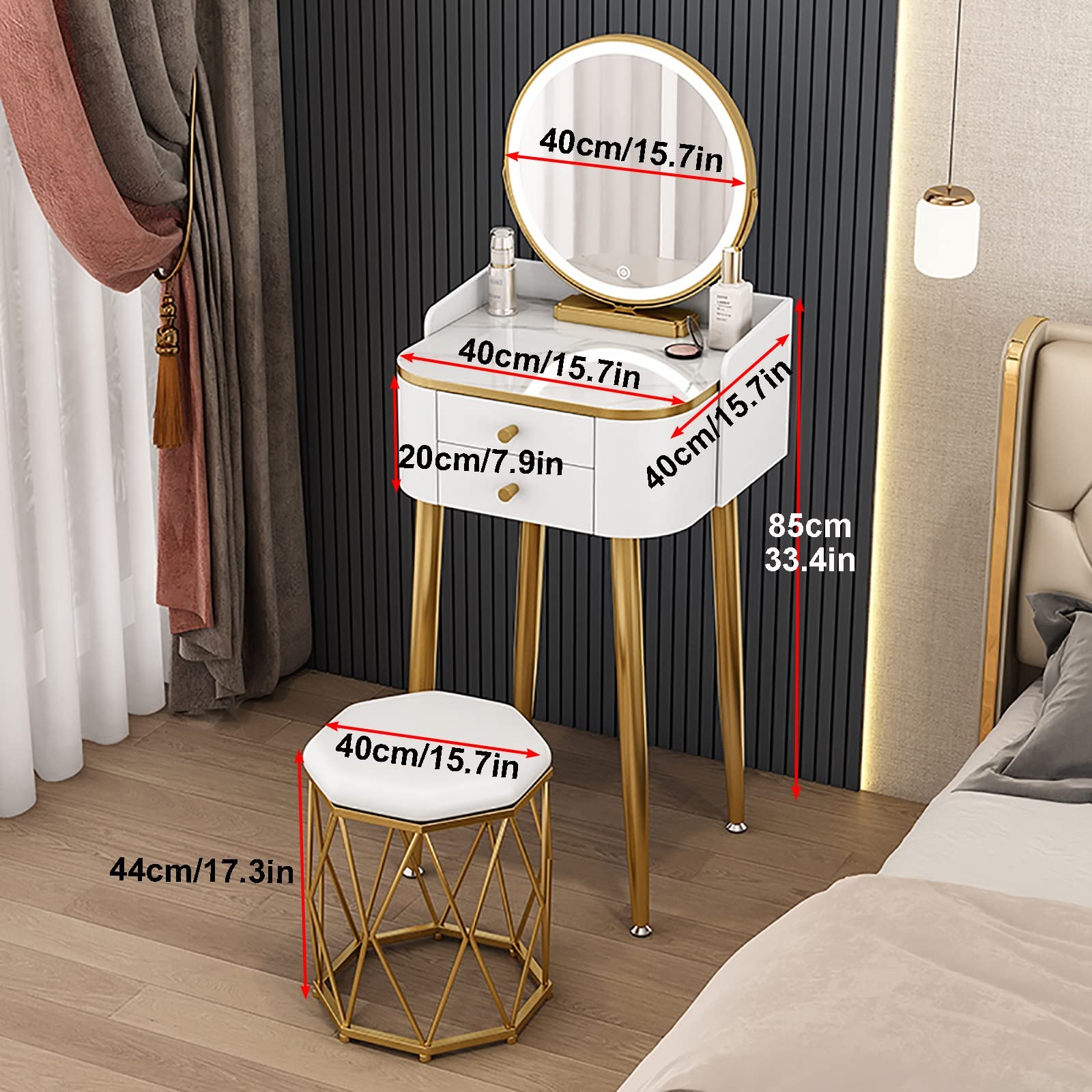 Mini tavolo da trucco illuminato con specchio, elegante tavolo da toeletta per piccole camere da letto, compatto 40 cm, perfetto per gli amanti del trucco, design moderno