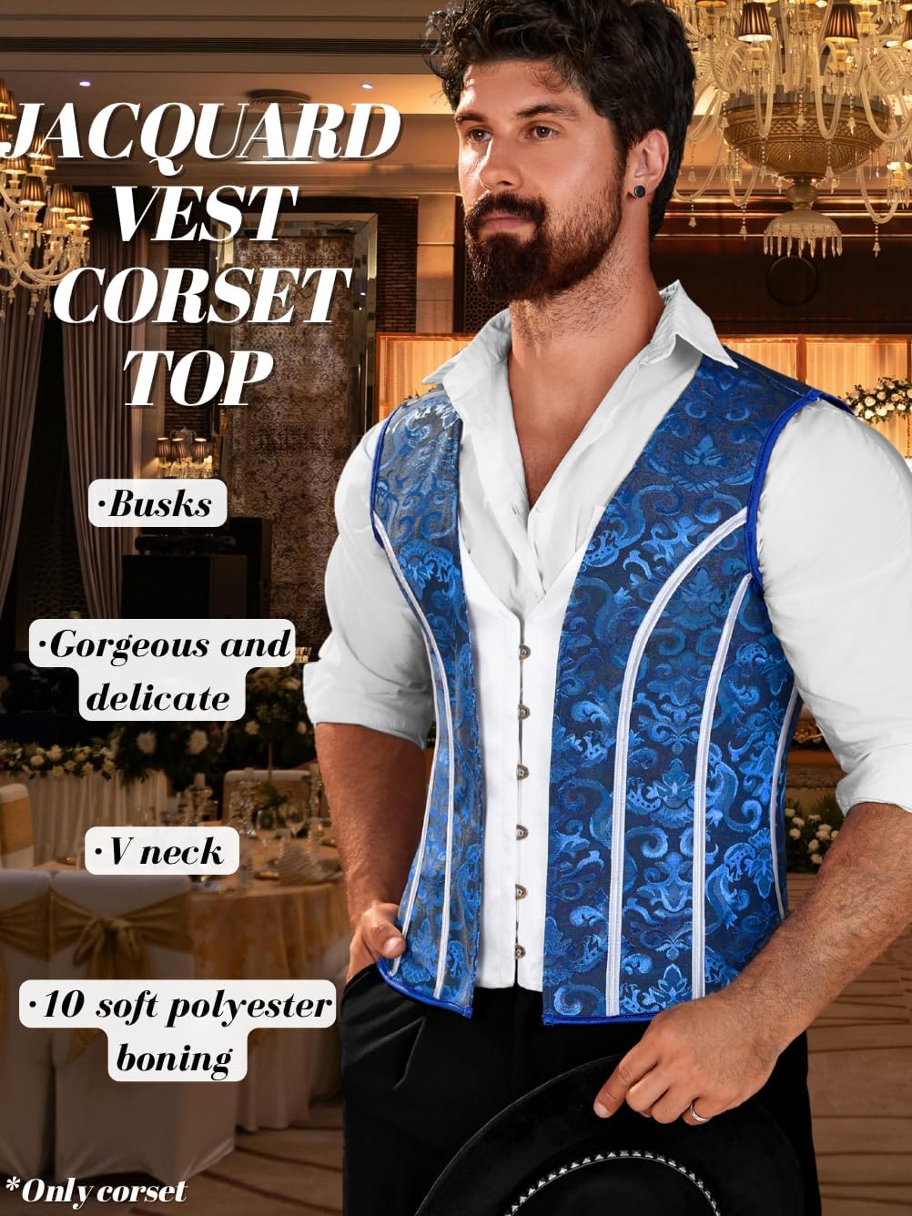 Mens 10 Steel-Boned Corset Vest, Victorian Satin Floral Lace Up Waistcoat, Formal Sleeveless Suit Steampunk Tops