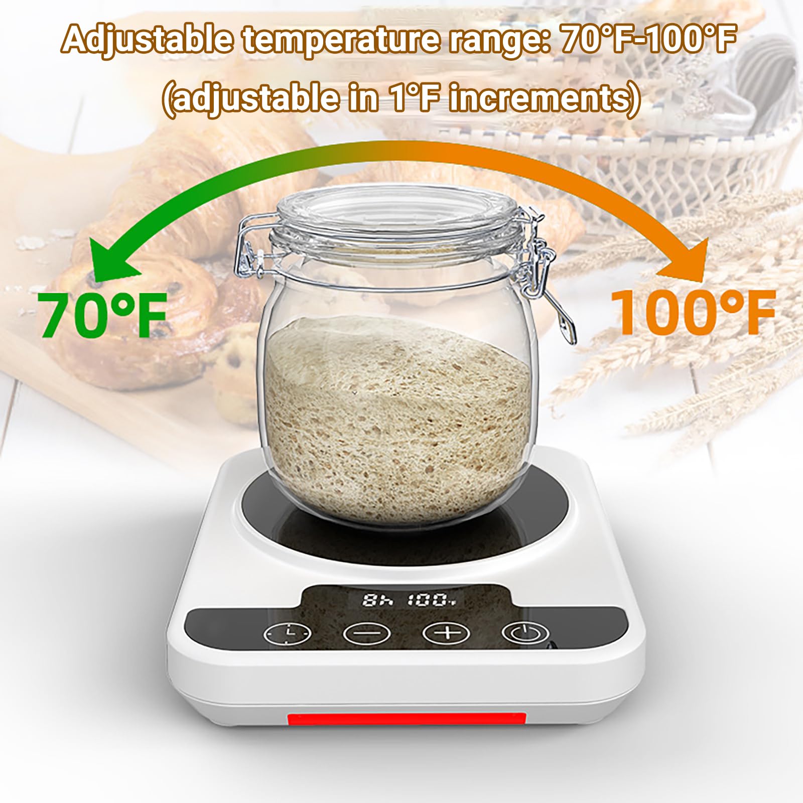 Calentador para Masa Madre con Control Preciso de Temperatura de 1° (21-38℃), Temporizador de 12H, Compatible con Tarros de hasta 40oz, Panadería Casera y Fermentación de Masa